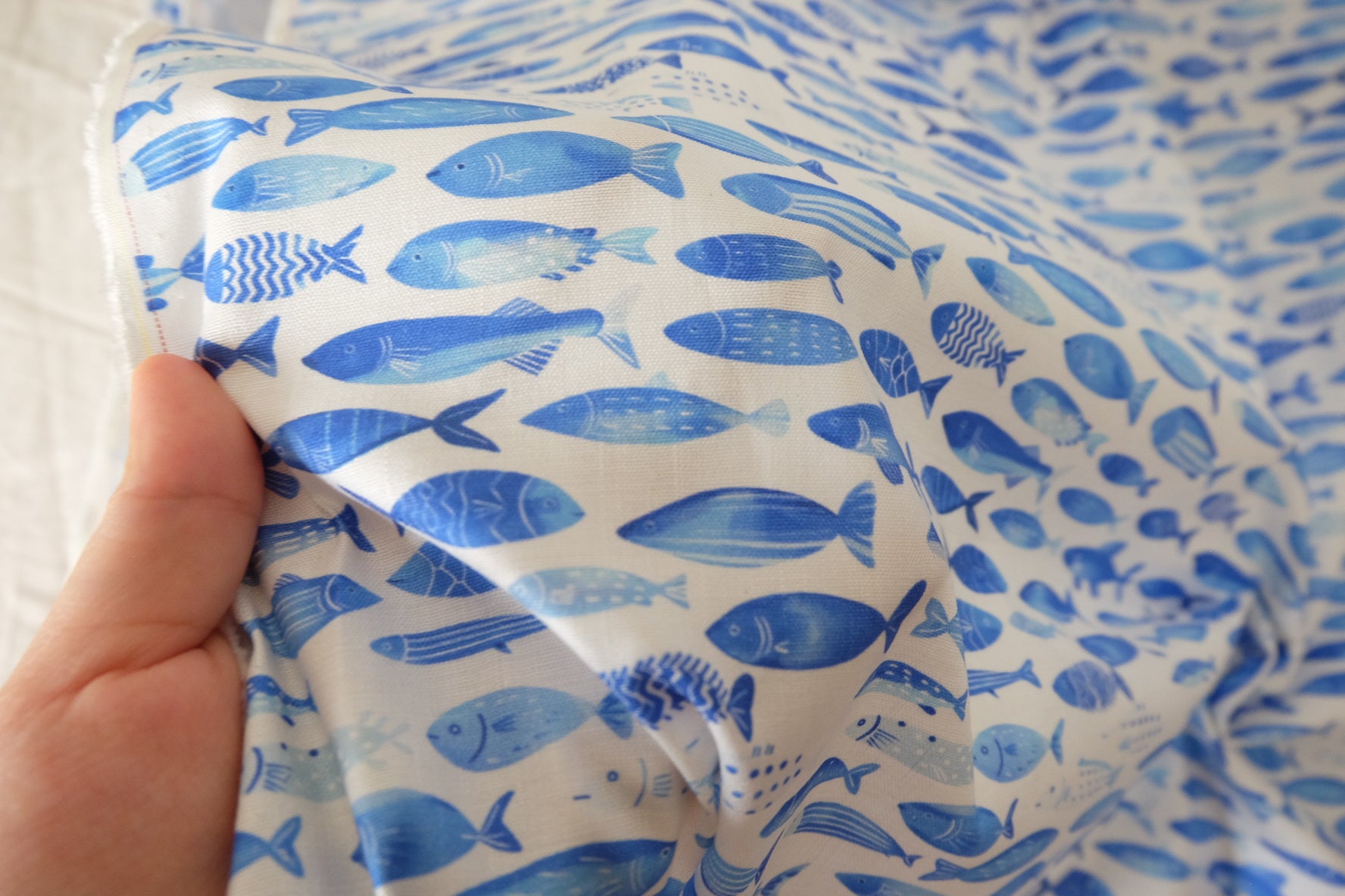 Blue Fish Stretch Linen Cotton Fabric - 2.2 yd