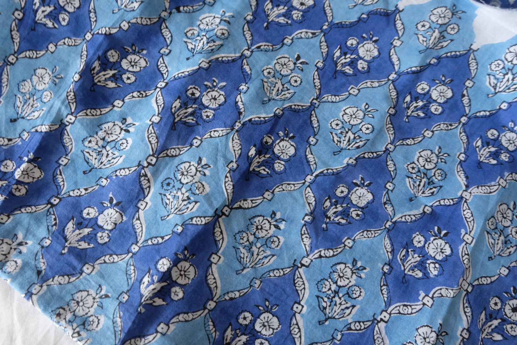 Indian Hand Block Printed Cotton Fabric – Blue Floral Tile Pattern – Sold by the Meter