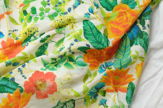 Tropical Placement Print Rayon Fabric for Shirt Dresses, Lightweight Drapey Weight, 3.28 Yards
