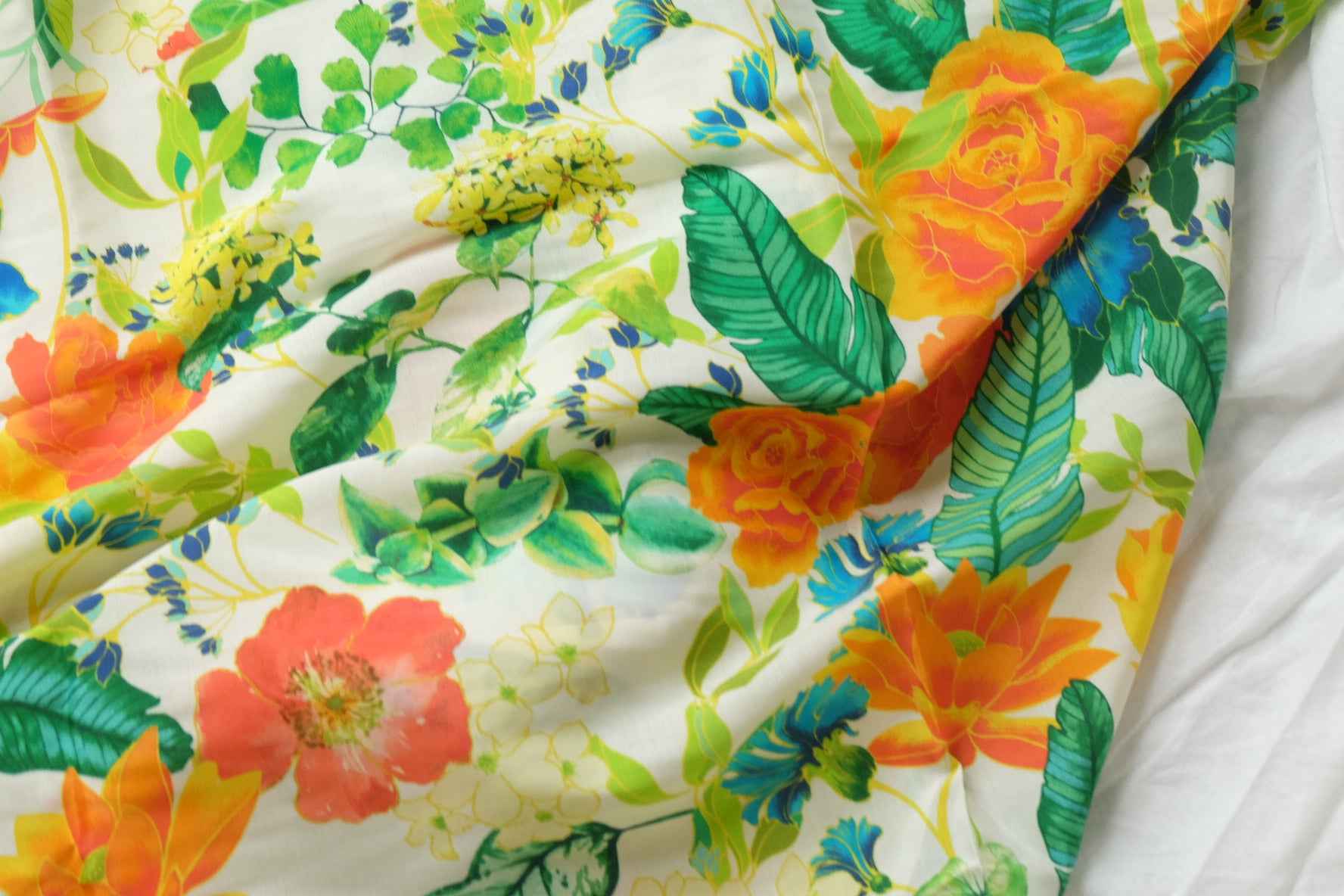 Tropical Placement Print Rayon Fabric for Shirt Dresses, Lightweight Drapey Weight, 3.28 Yards