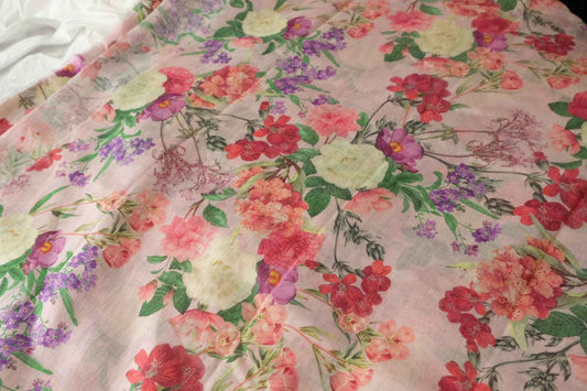 Pink Painterly Floral Tencel Linen Fabric, Lightweight Airy Dress Weight, 3.3 Yards