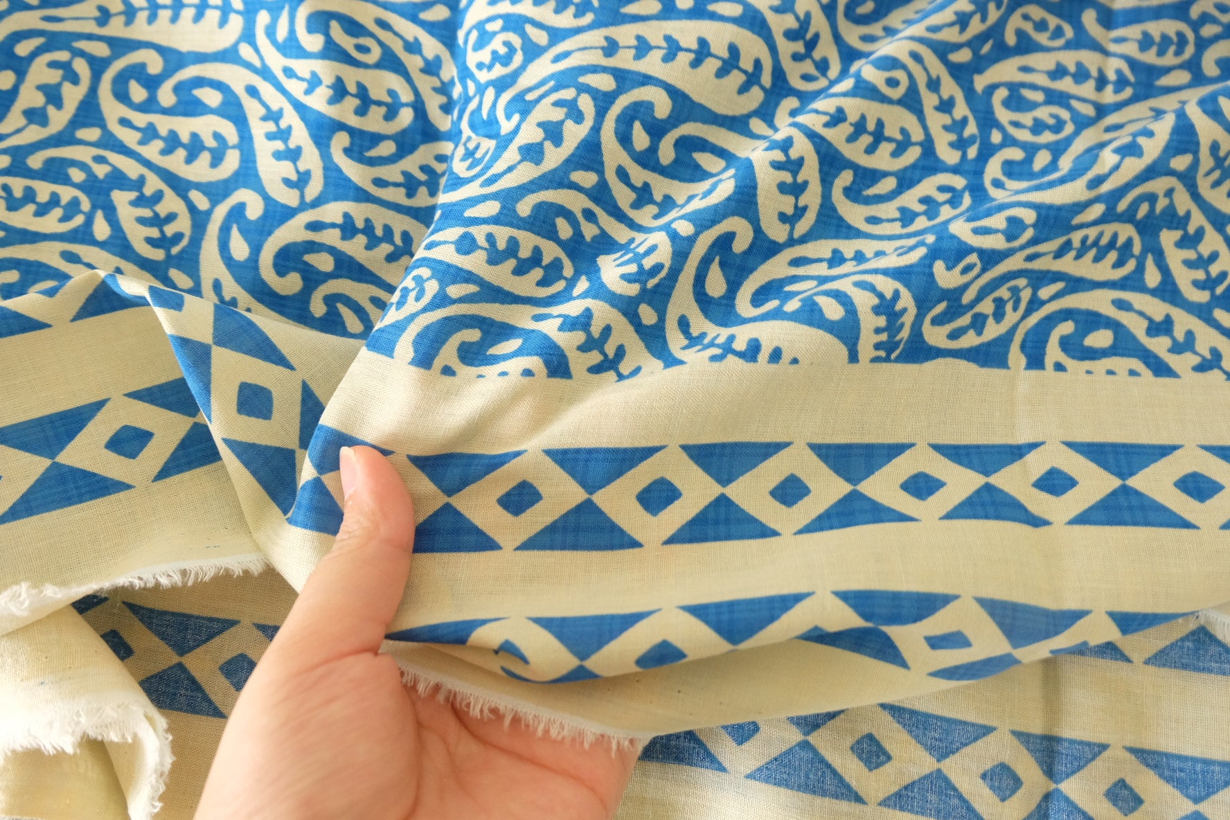 Indigo Blue Paisley Border Print Lightweight Cotton Fabric – 3.28 yd Piece