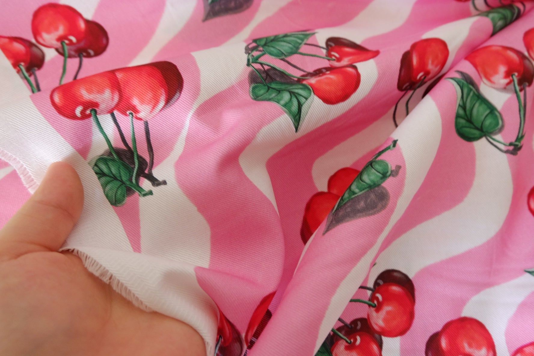 Retro Cherry Cotton Twill Fabric – Pink Wave Print – 2.46 yd / 3.06 yd