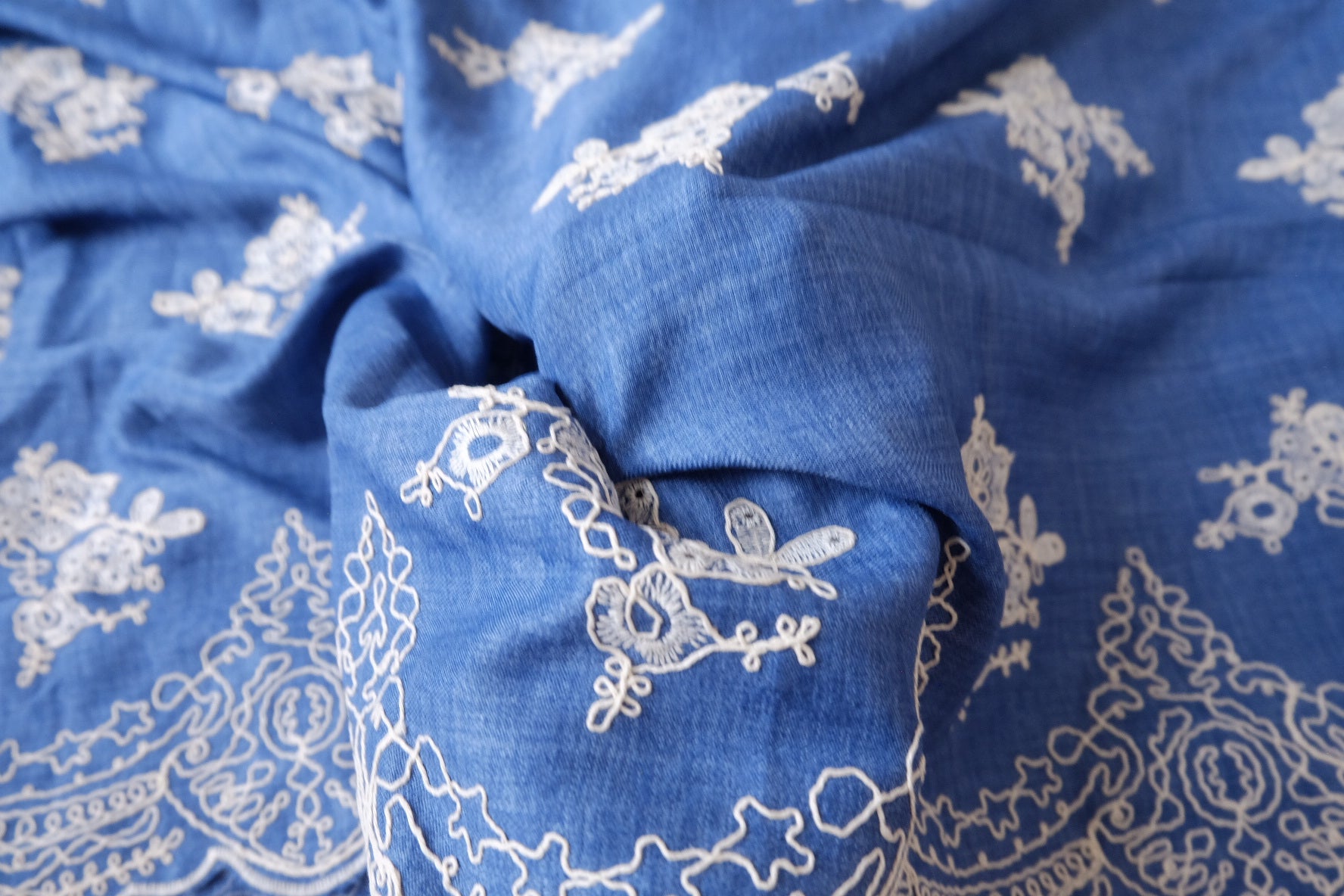 Blue Border Embroidered Lyocell Cotton Denim, 1.6 Yards