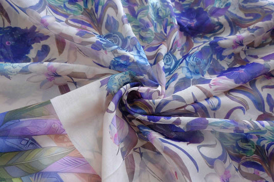 Japanese Blue Floral Border Voile Fabric - 2.19 yd