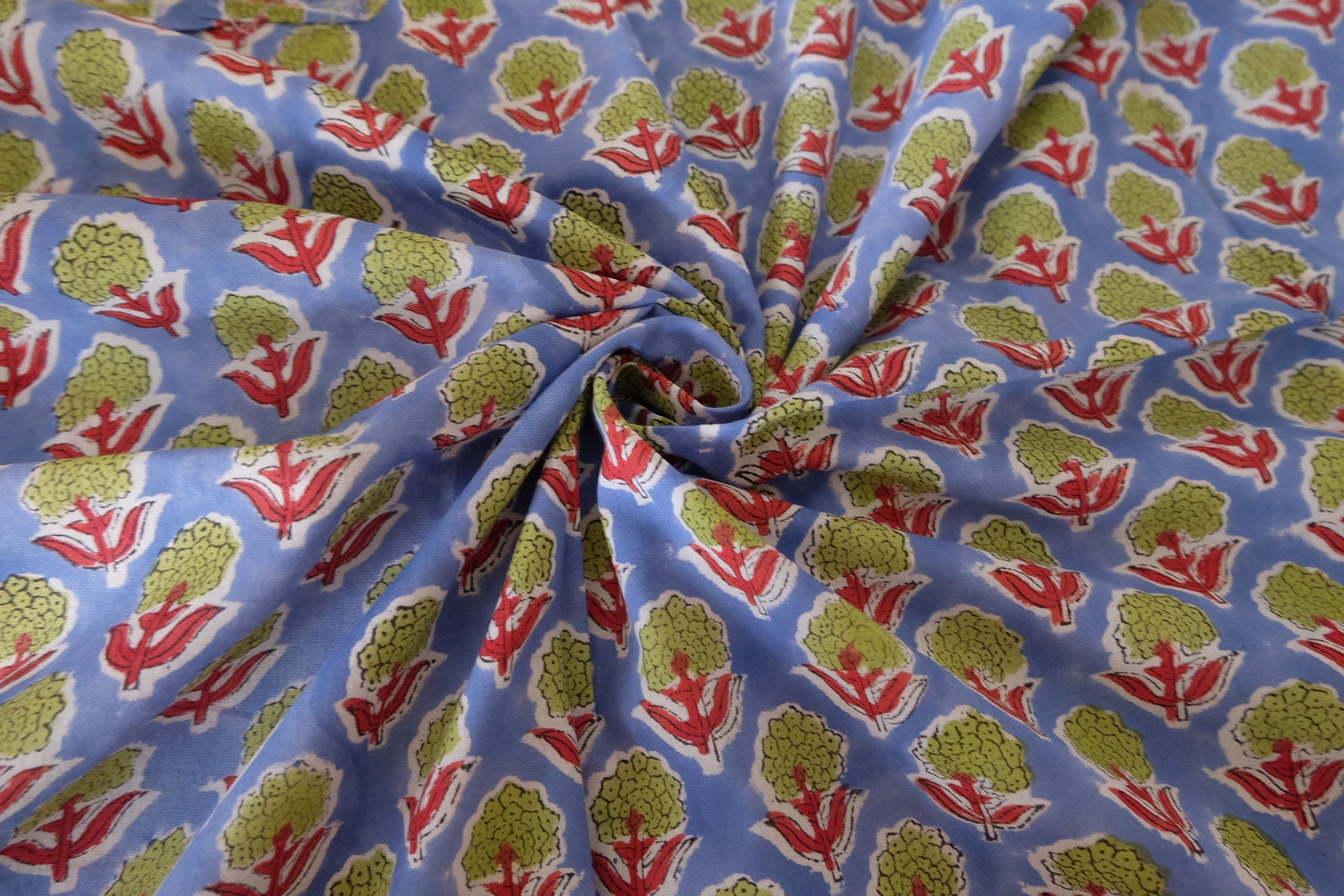 Hand Block Printed Indian Cotton Fabric – Blue Ground with Green Floral Motif – Sold by the Meter