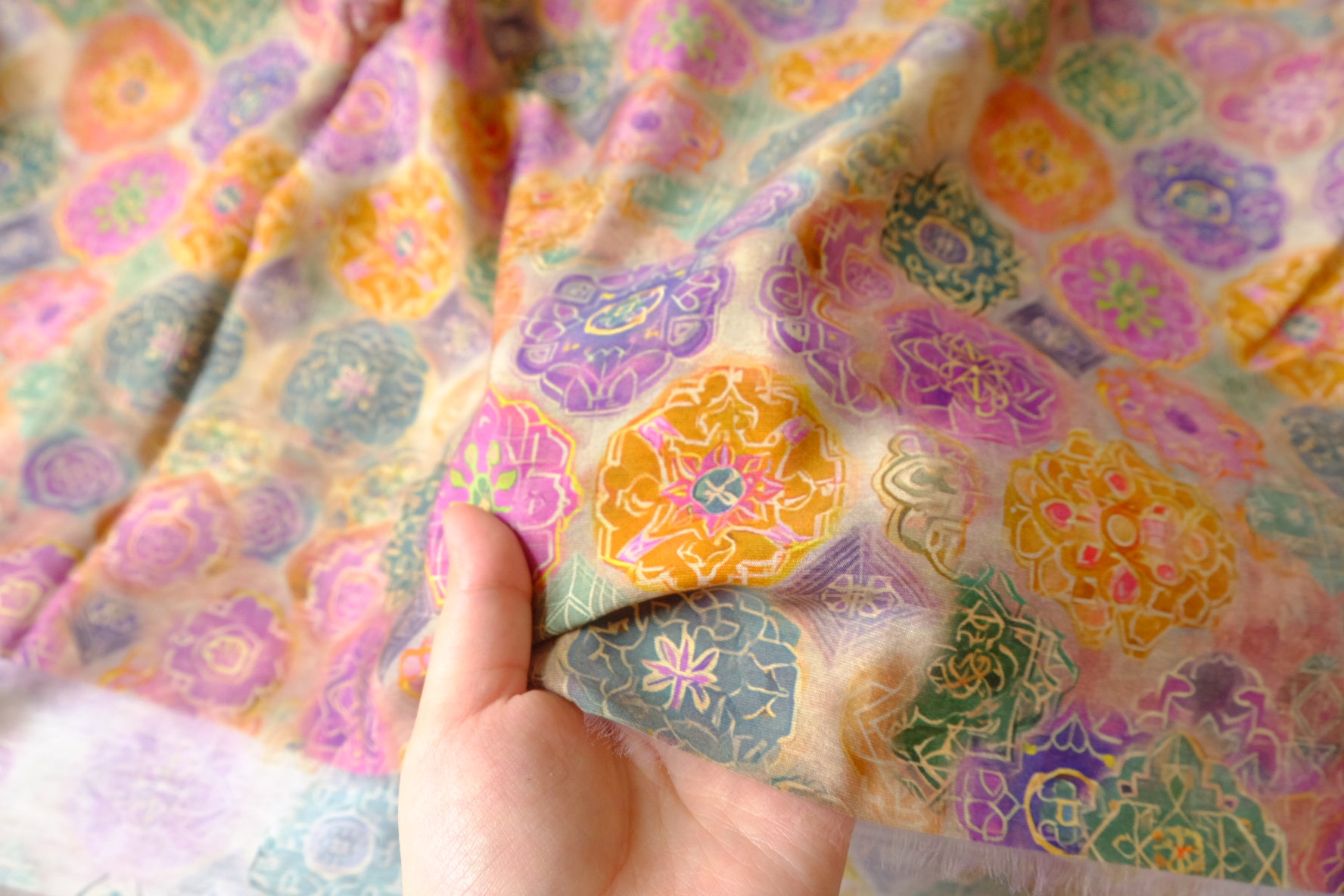 Colorful Tile Motif Cotton-Nylon Shirting Fabric — 2.19 yd