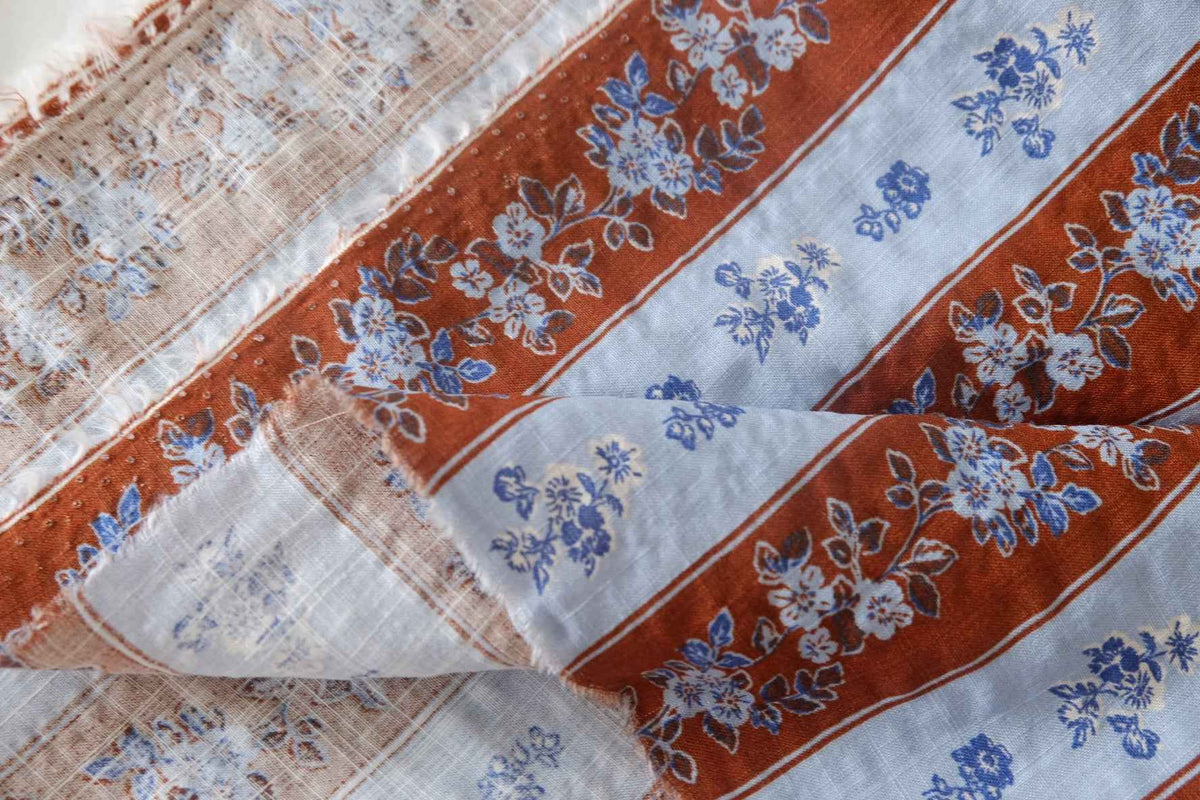 Rust & Blue Floral Slub Cotton — 2.19 yd