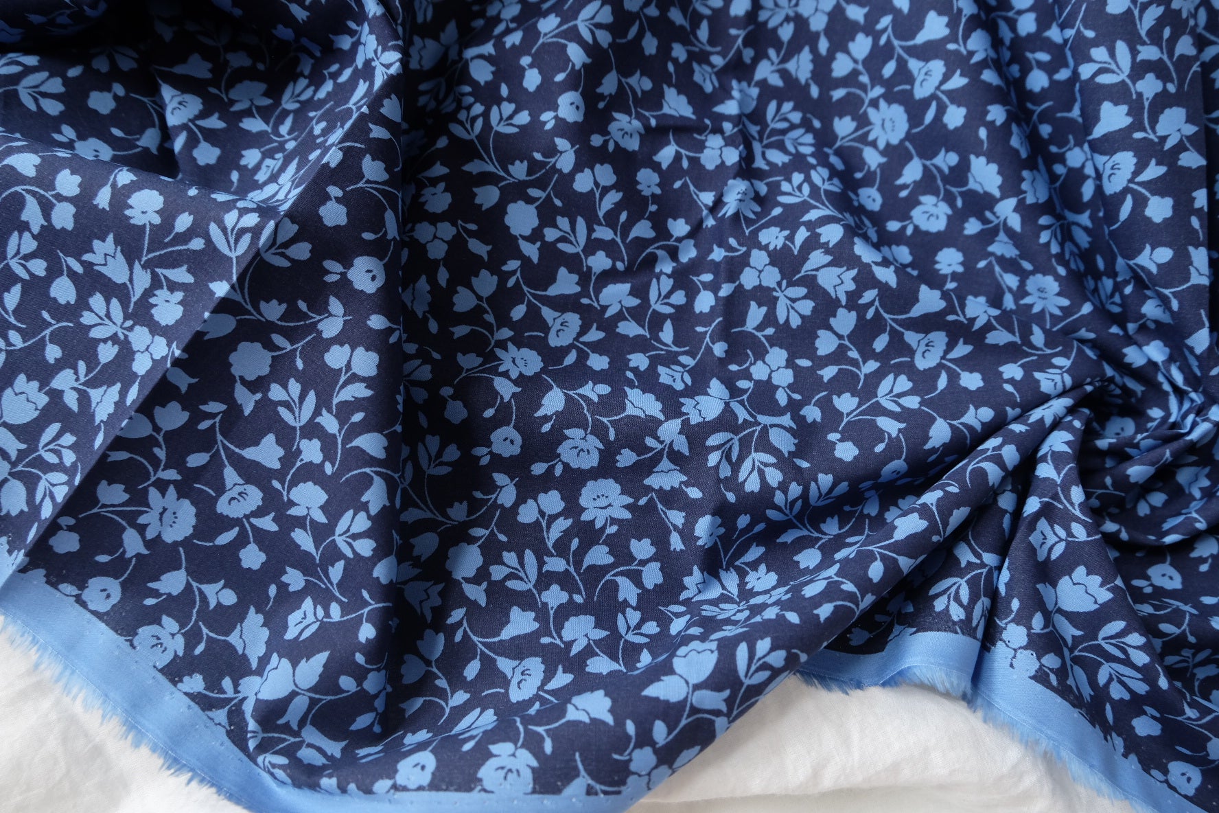 Blue Vine Floral Silky Cotton Lawn Fabric - 2.19 yd