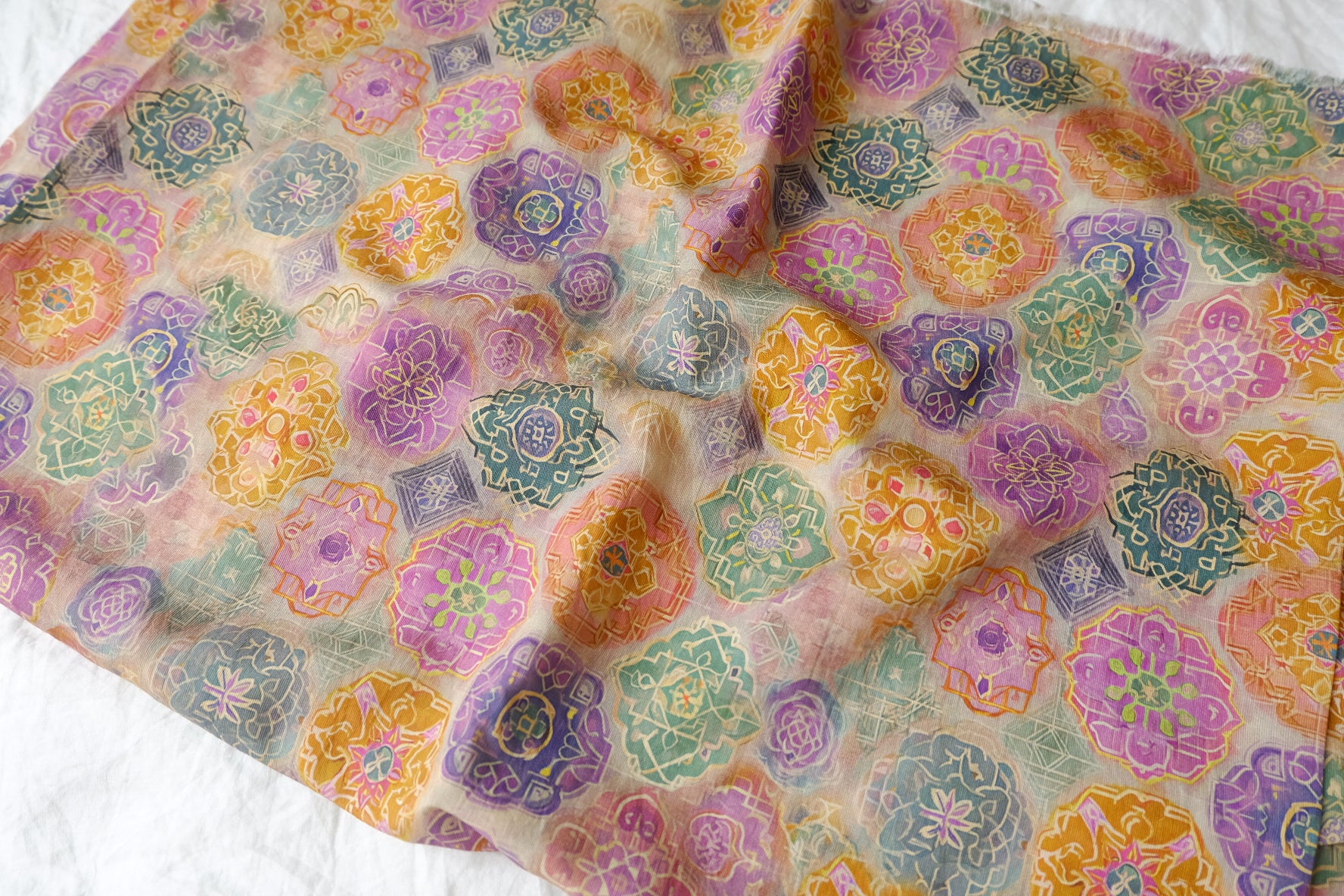 Colorful Tile Motif Cotton-Nylon Shirting Fabric — 2.19 yd