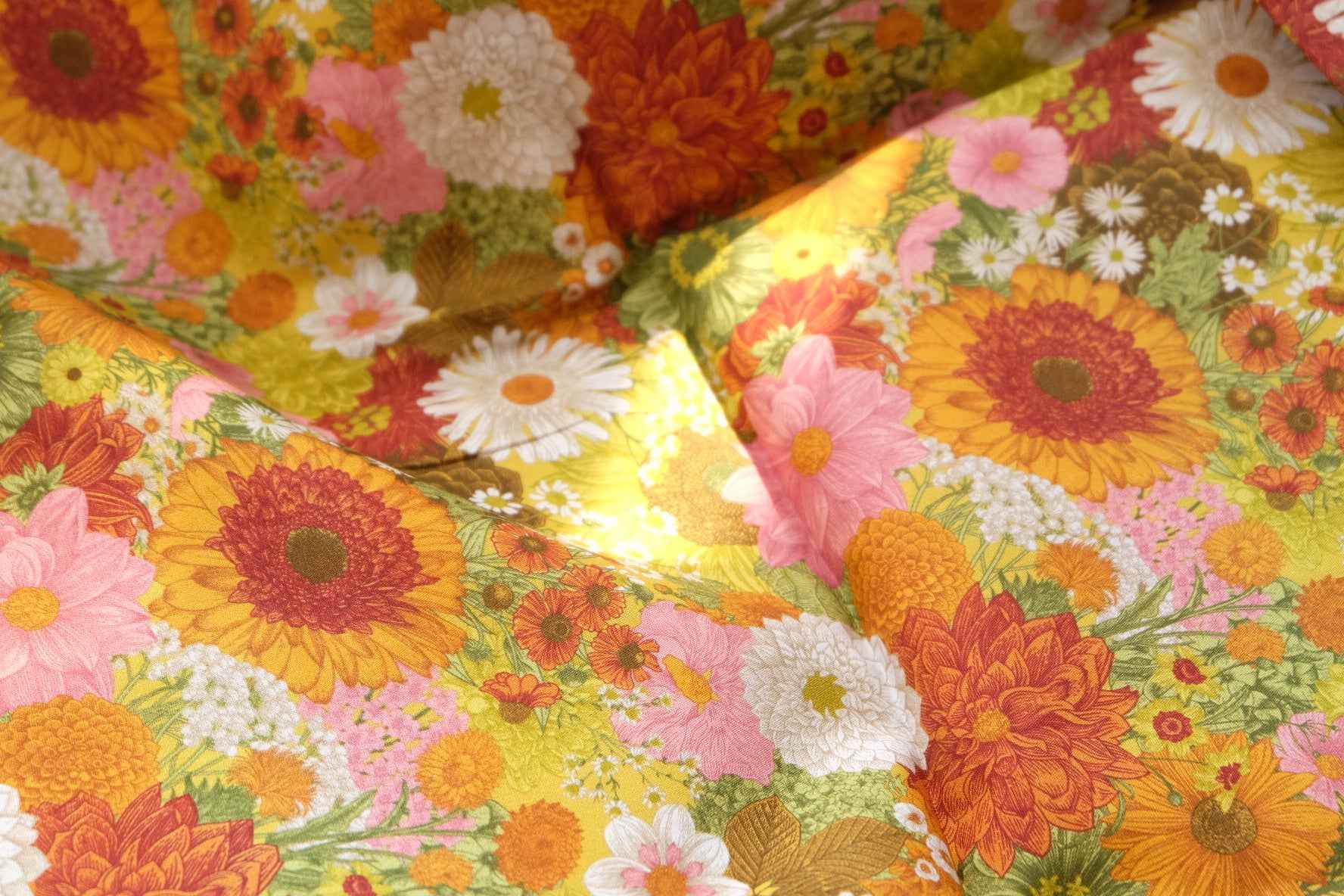 Organic Floral Cotton Poplin Fabric, Retro Garden Print, 2.19 Yards