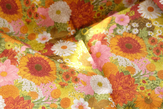 Organic Floral Cotton Poplin Fabric, Retro Garden Print, 2.19 Yards