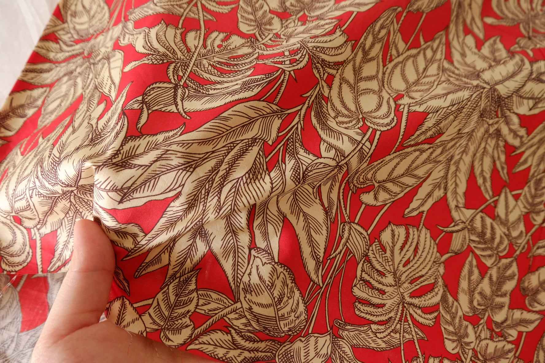 Red Tropical Leaf Cotton Lawn Fabric – 1.2 yd