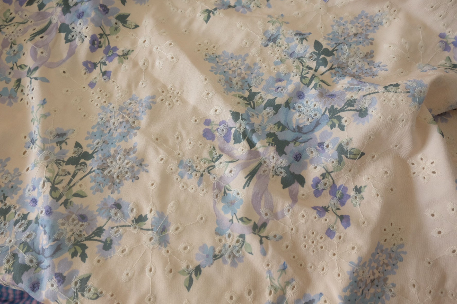 Blue Floral Embroidered Cotton Blend Fabric – 3.3 yd