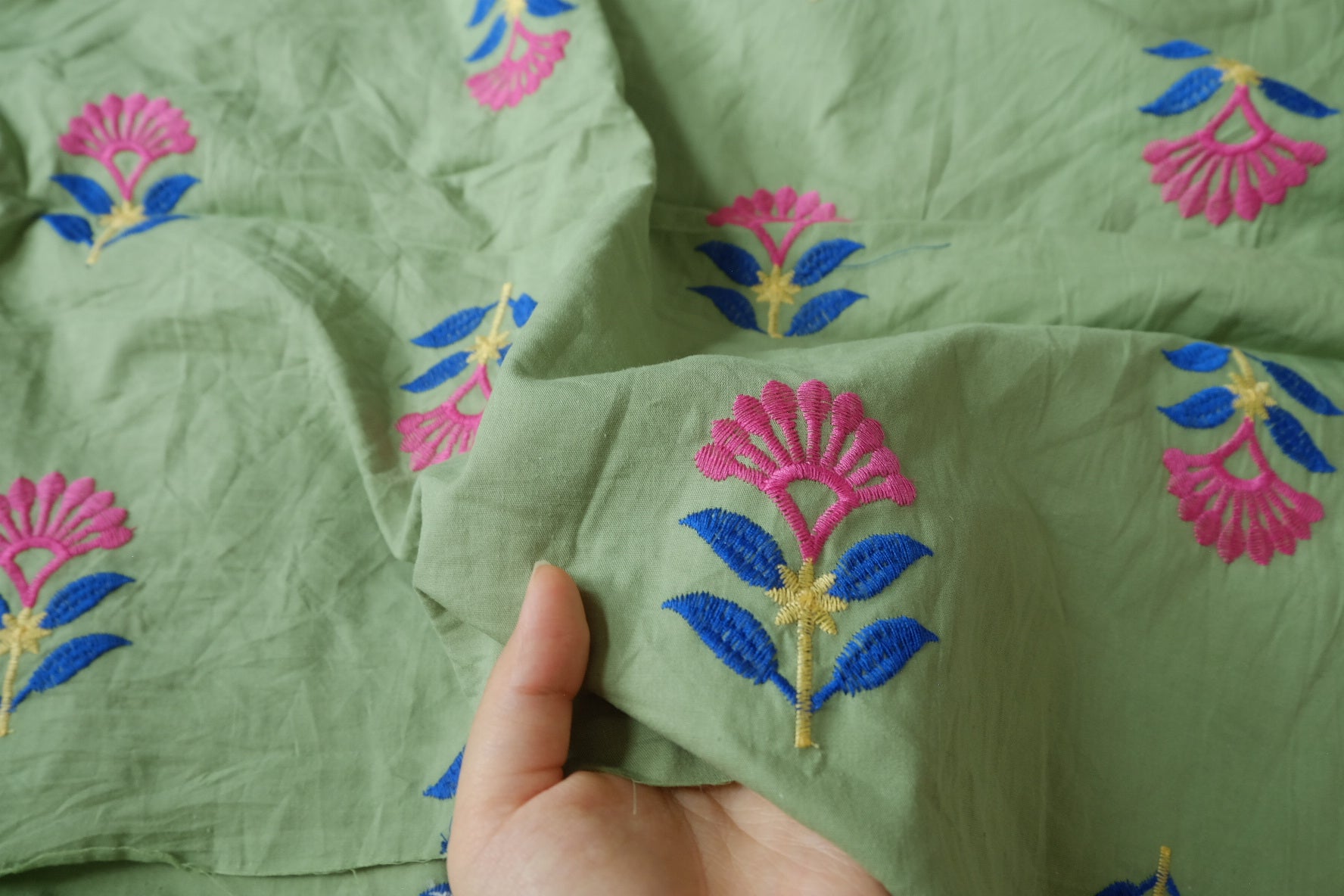 Sage Green Embroidered Cotton Fabric - 2.2 yd