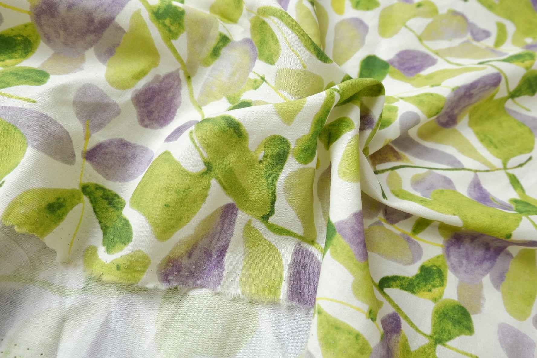 Lightweight Cotton Poplin Fabric, Watercolor Green and Lilac Botanical Print, 1.64 Yards
