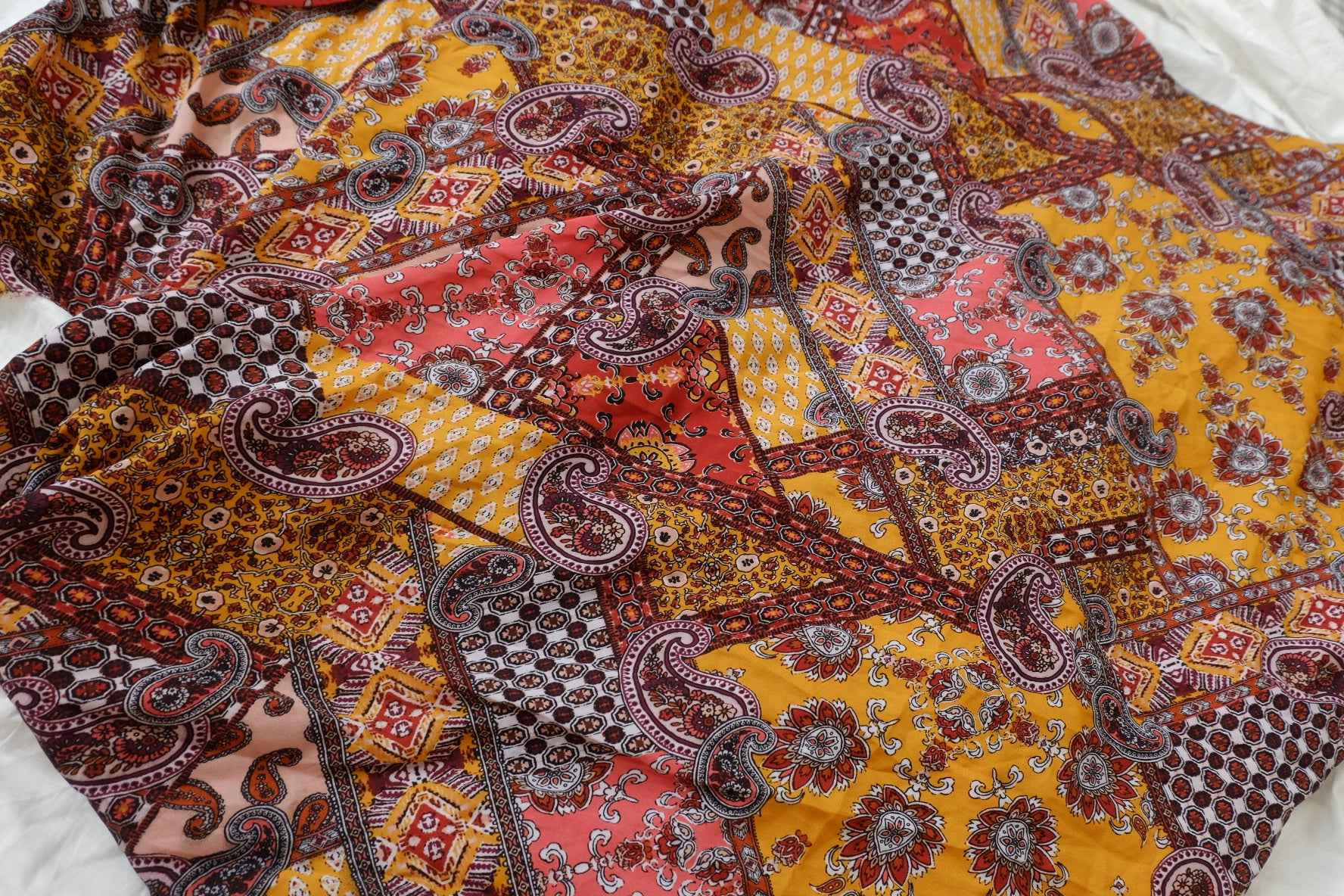 Bohemian Patchwork Chiffon Fabric, Airy Opaque Summer Dress Weight, 2.19 Yards