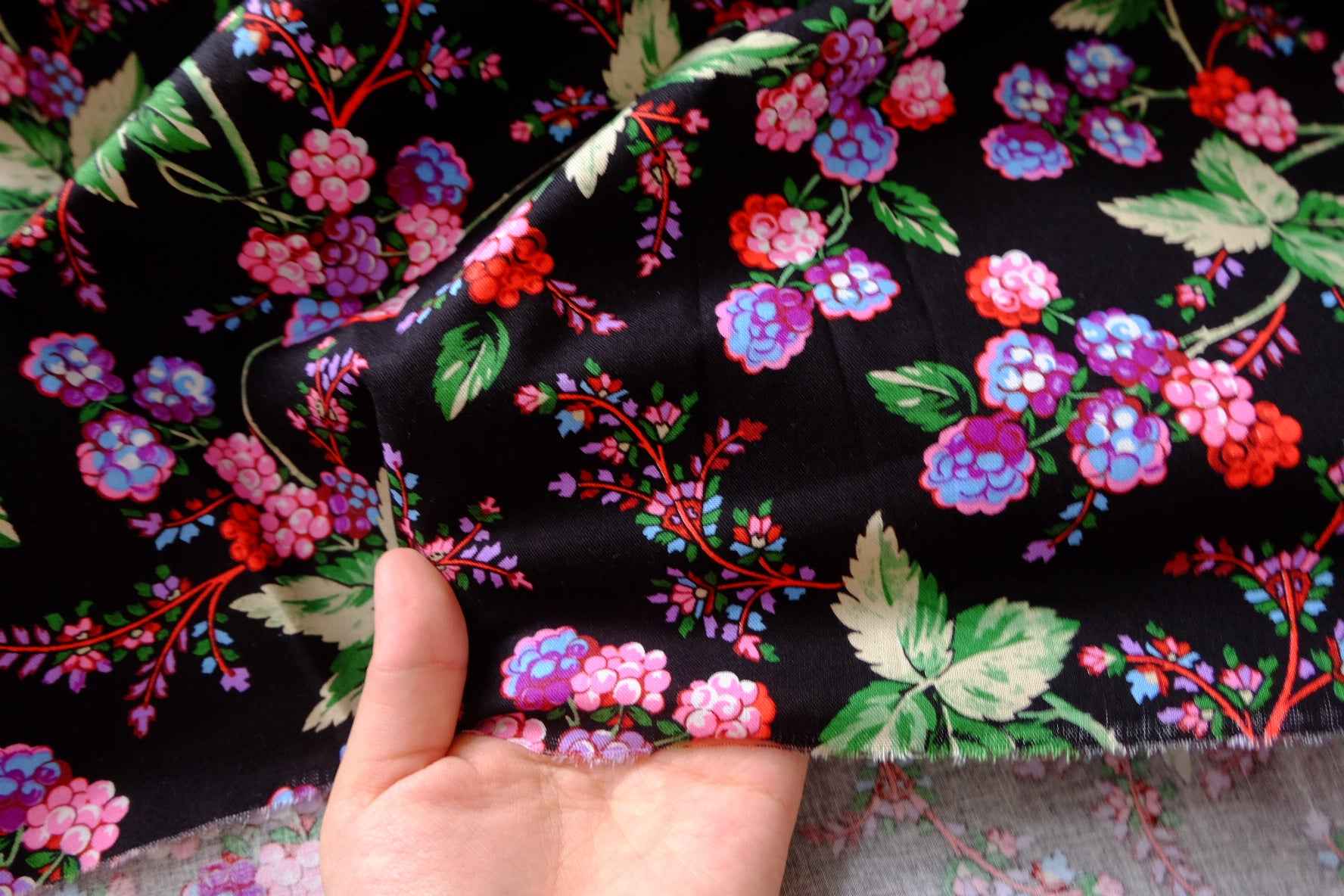 Black Berry Floral Designer Deadstock Cotton Fabric - 1.64 Yards