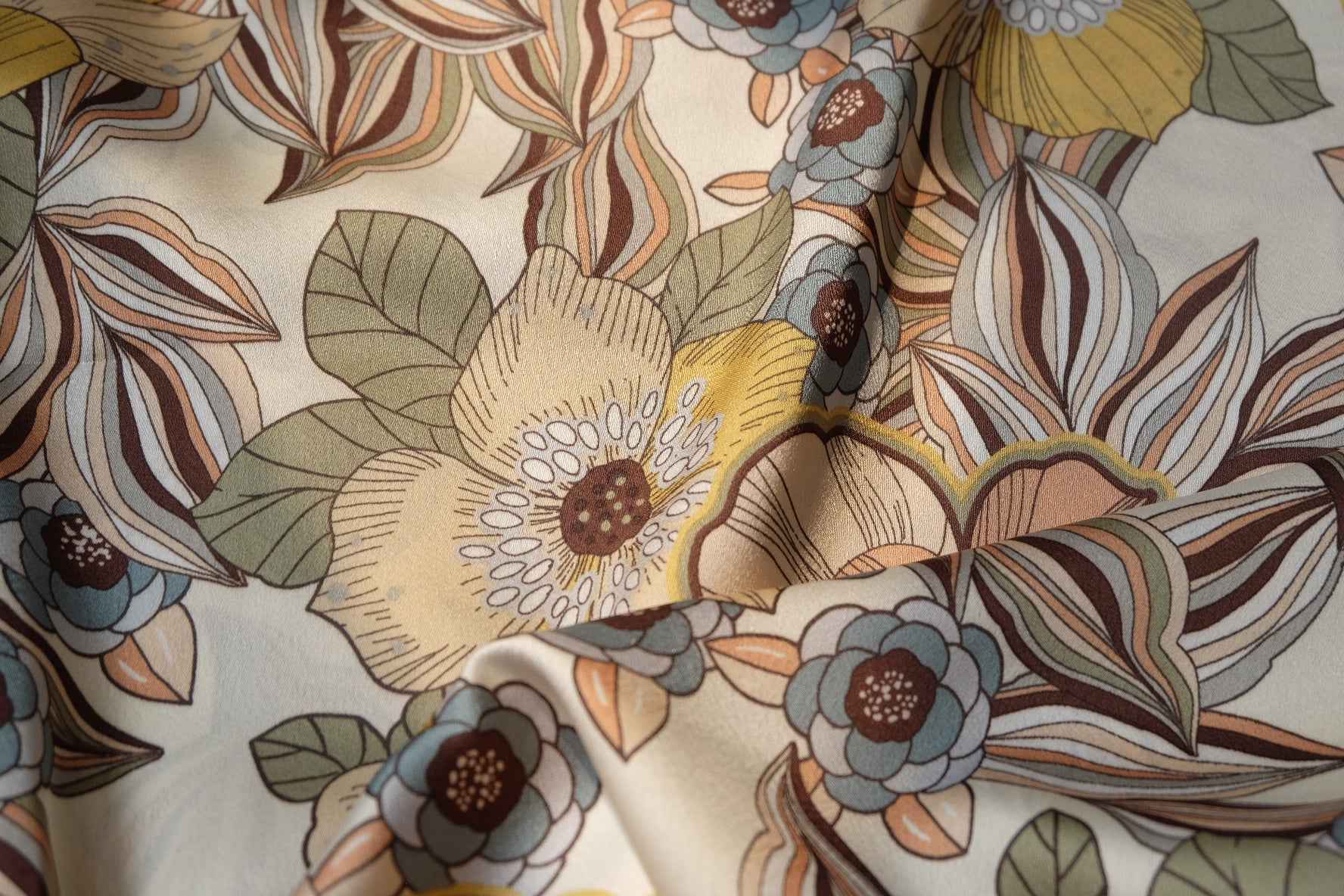 Vintage Floral Satin Fabric, Smooth Dress Weight in Cream, 3.28 Yards