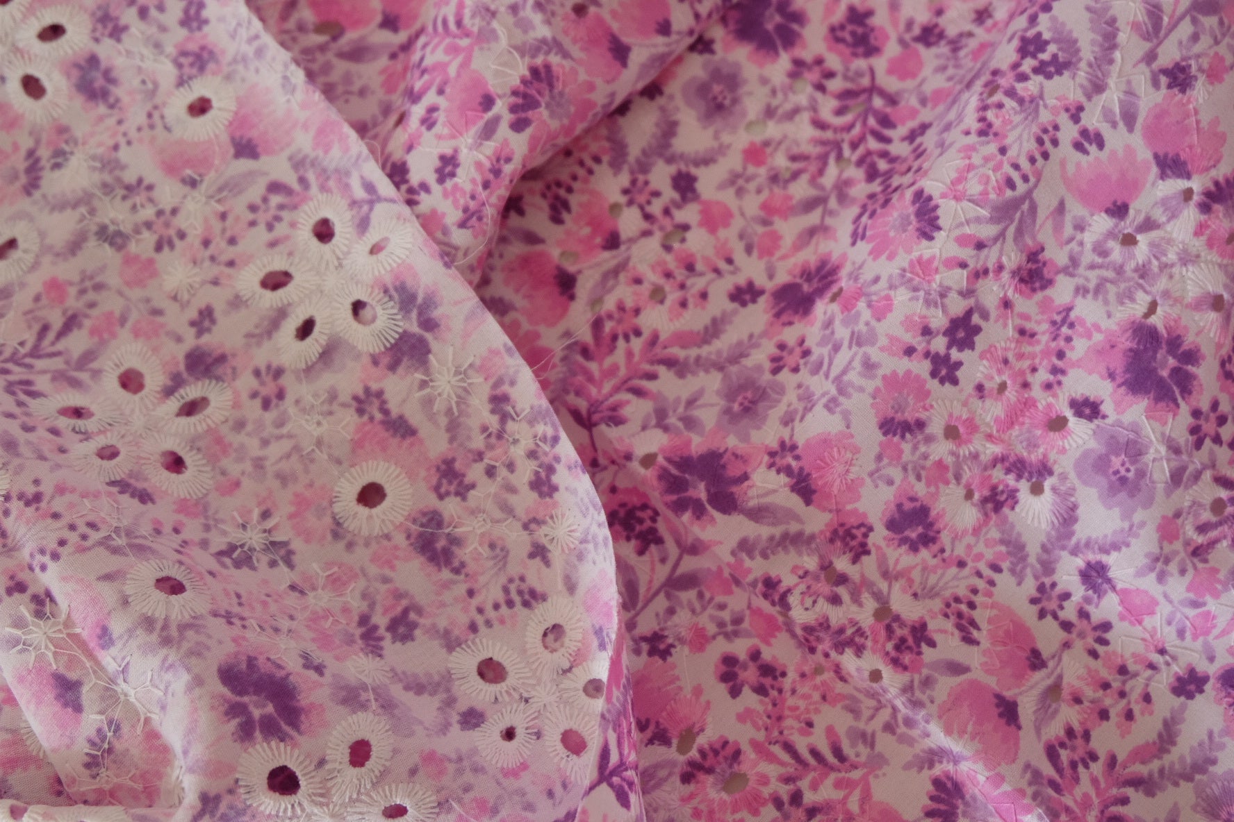 Lavender Floral Eyelet Embroidered Cotton Fabric – Soft Romantic Print – 2.2 yd