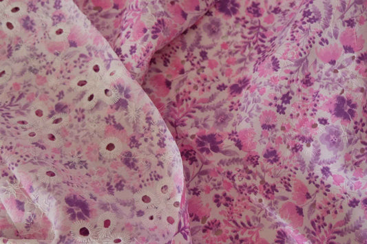 Lavender Floral Eyelet Embroidered Cotton Fabric – Soft Romantic Print – 2.2 yd