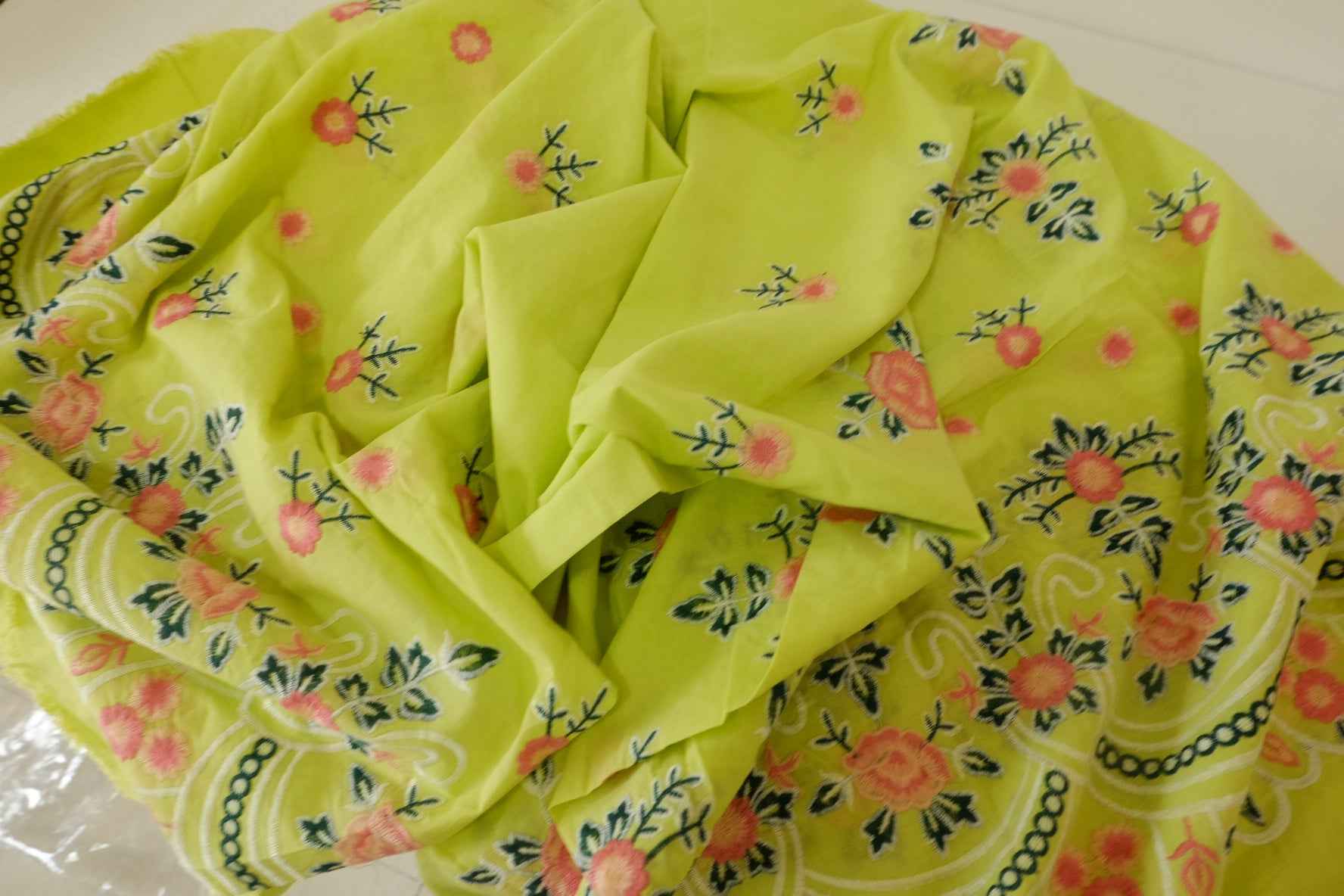 Lime Green Double Border Embroidered Cotton Fabric – 2.5 yd