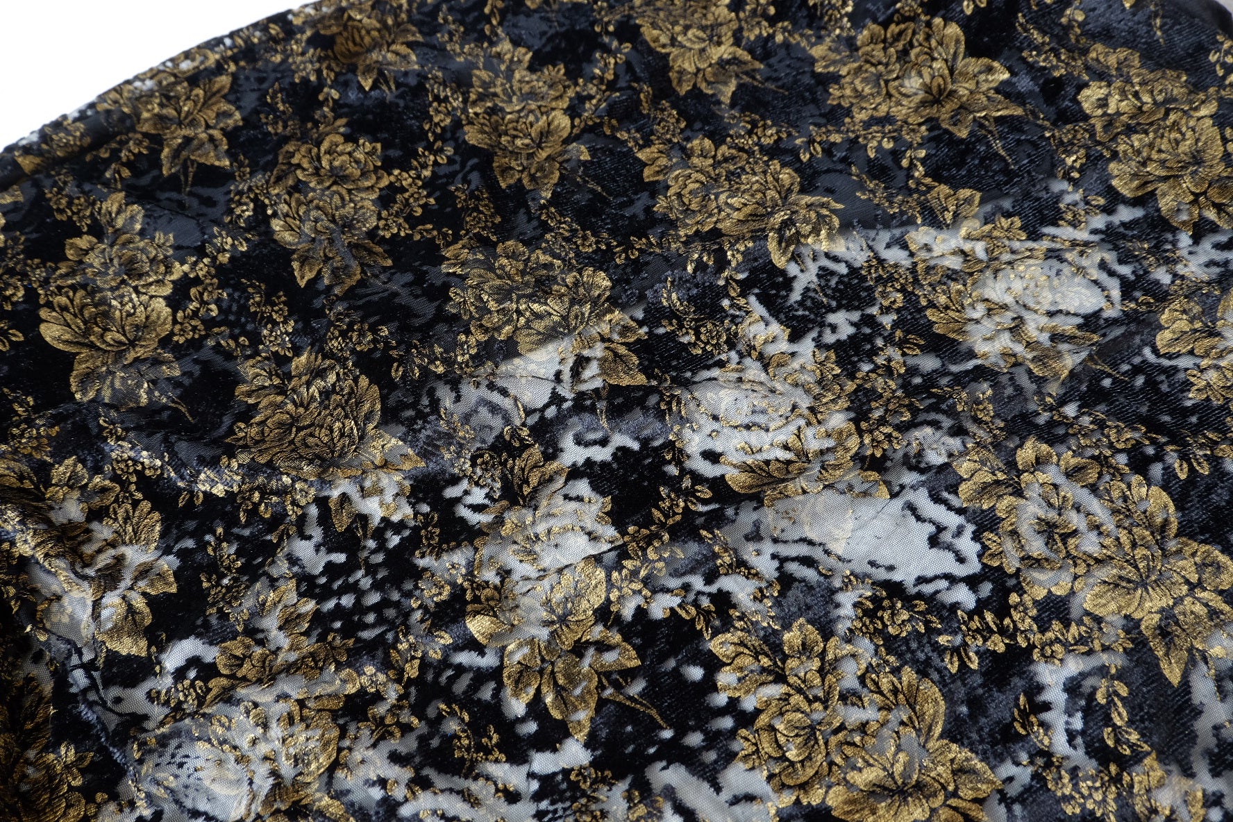 Black and Gold Burnout Velvet Lace with Stretch 1.9 Yards