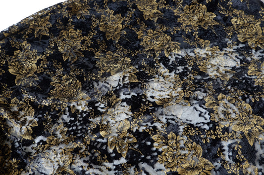 Black and Gold Burnout Velvet Lace with Stretch 1.9 Yards