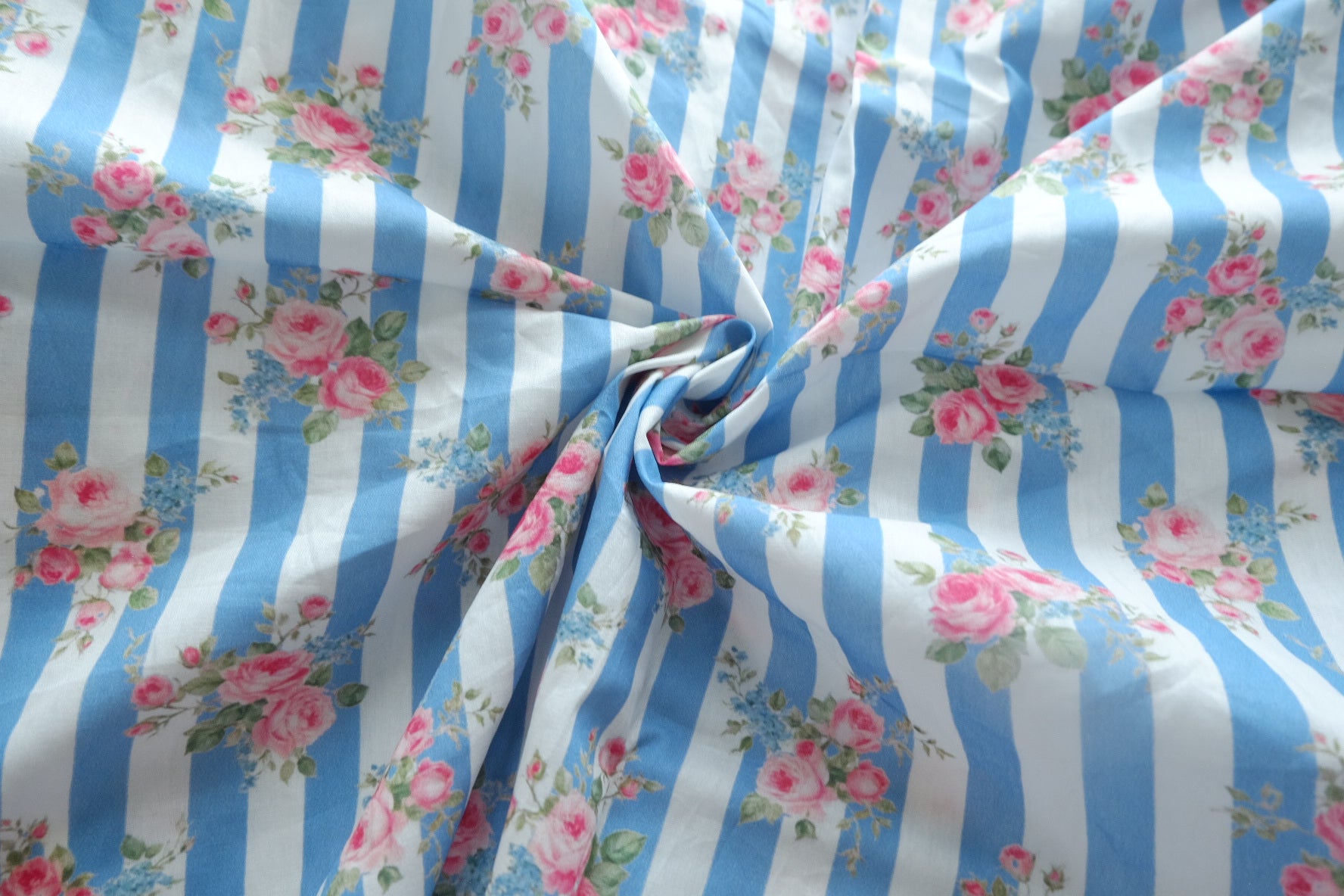 Blue Stripe Rose Cotton Poplin Fabric - 1.31 yd / 1.42 yd