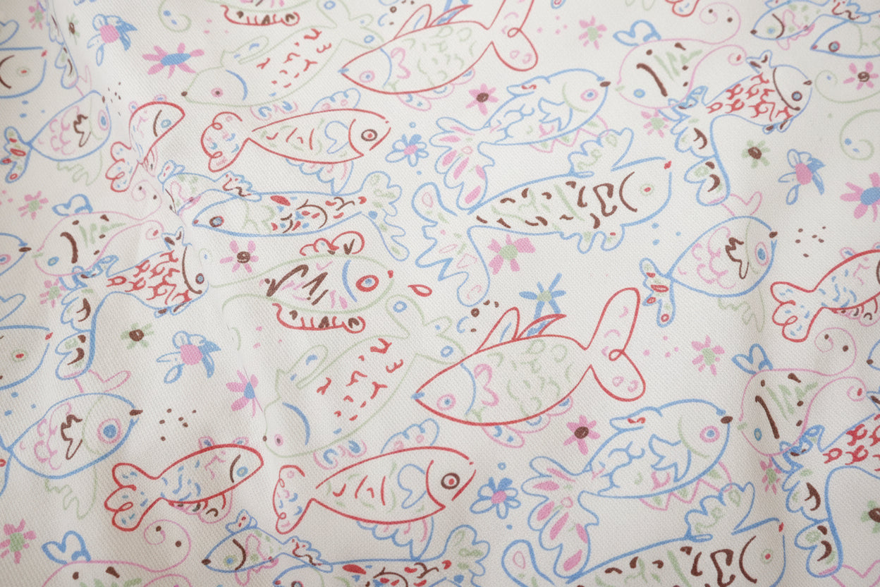 Playful Fish Print Cotton Twill Fabric, 2.19 Yards