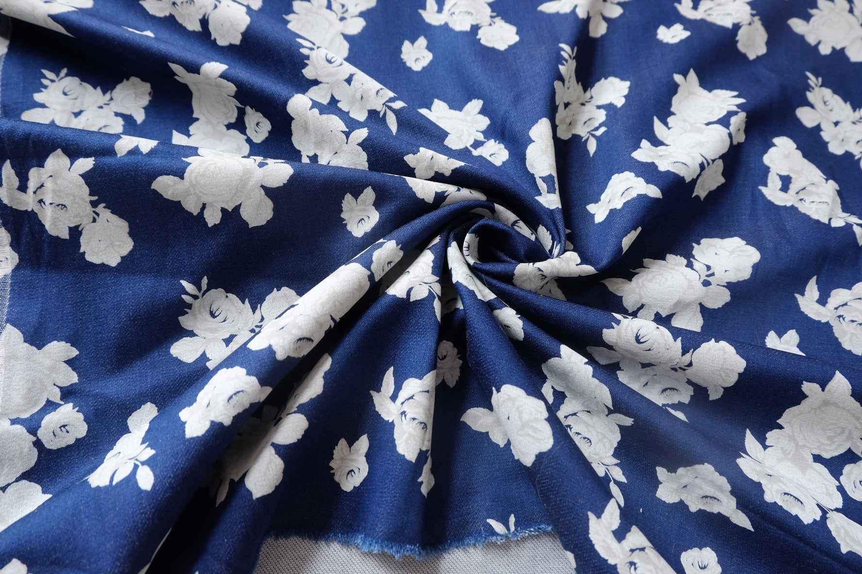 Navy Rose Printed Cotton Denim Fabric - 1.64 yd