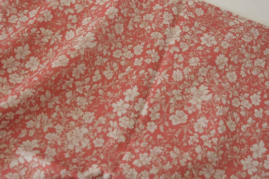 Coral Pink Floral Cotton Sateen Fabric – High Density Vintage Blossom Print – 1.7 yd