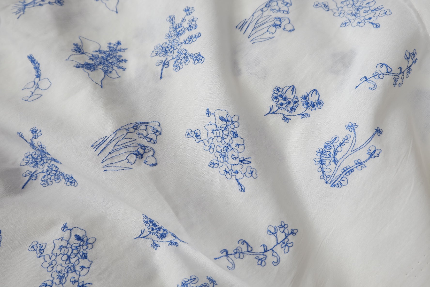 Blue Botanical Embroidered Cotton Fabric, 2.2 Yards