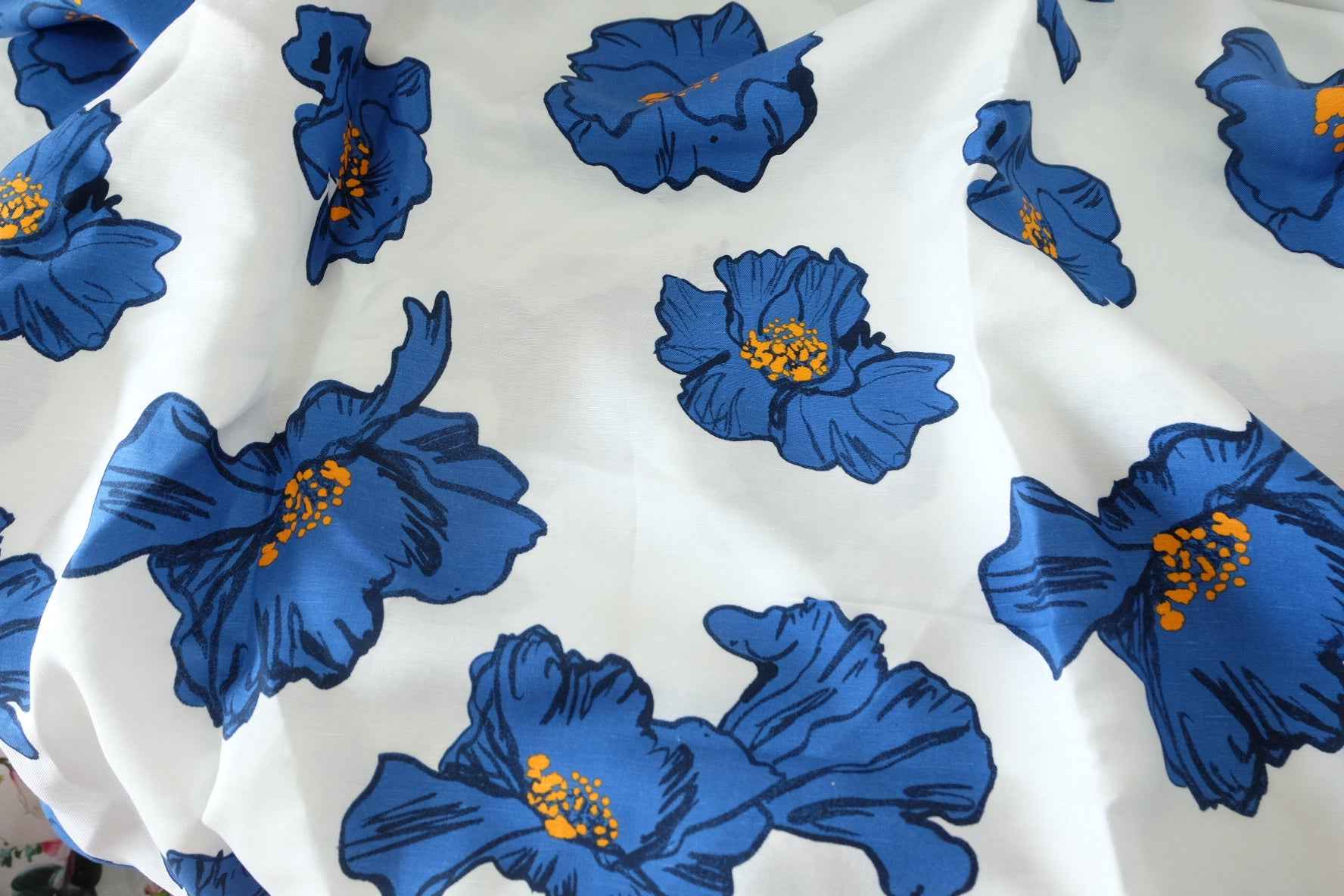 Designer Linen Cotton Blend Fabric – Blue Floral Print – 2 yd