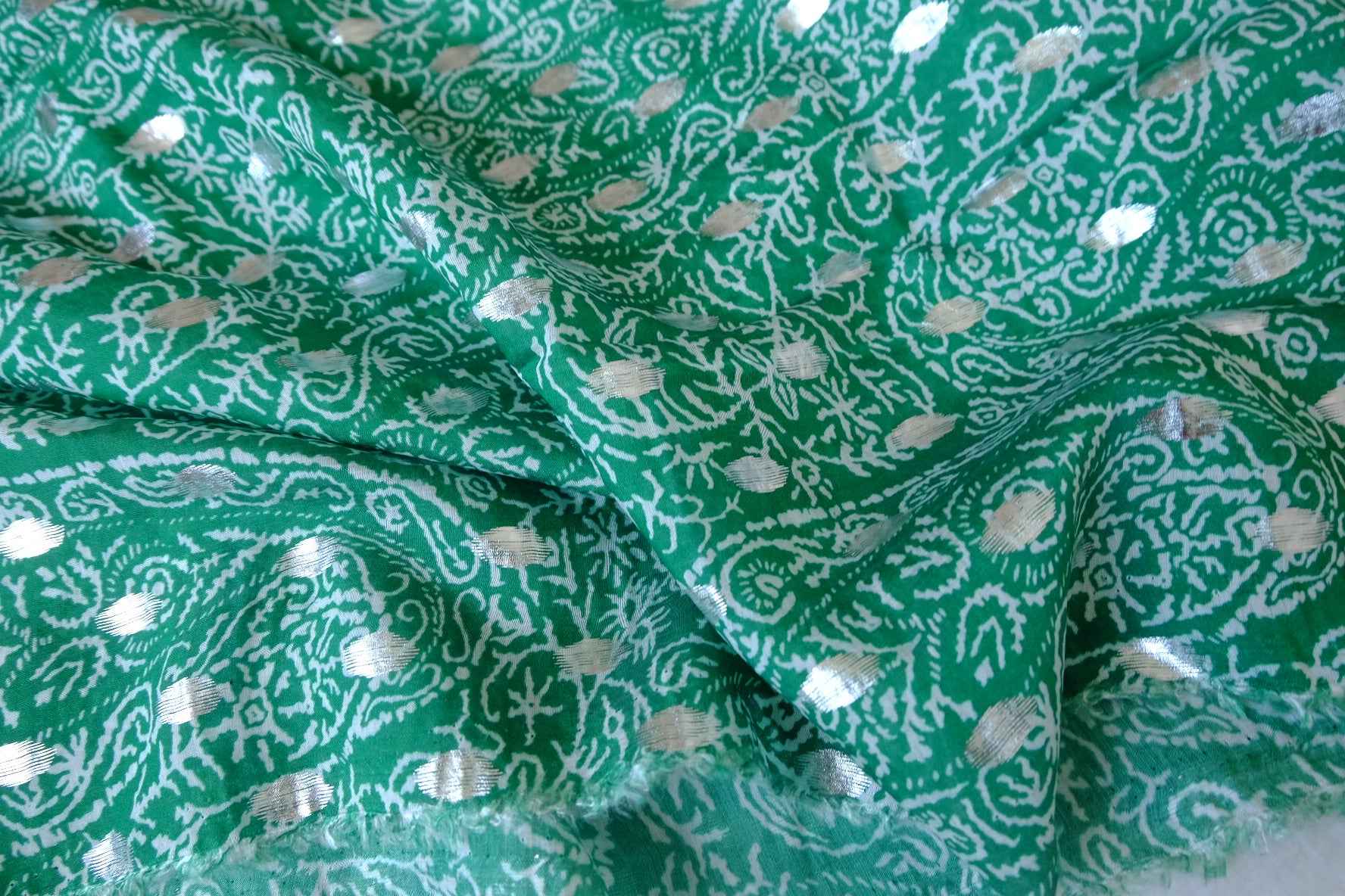 Green Metallic Paisley Rayon Challis Fabric - 2.19 yd