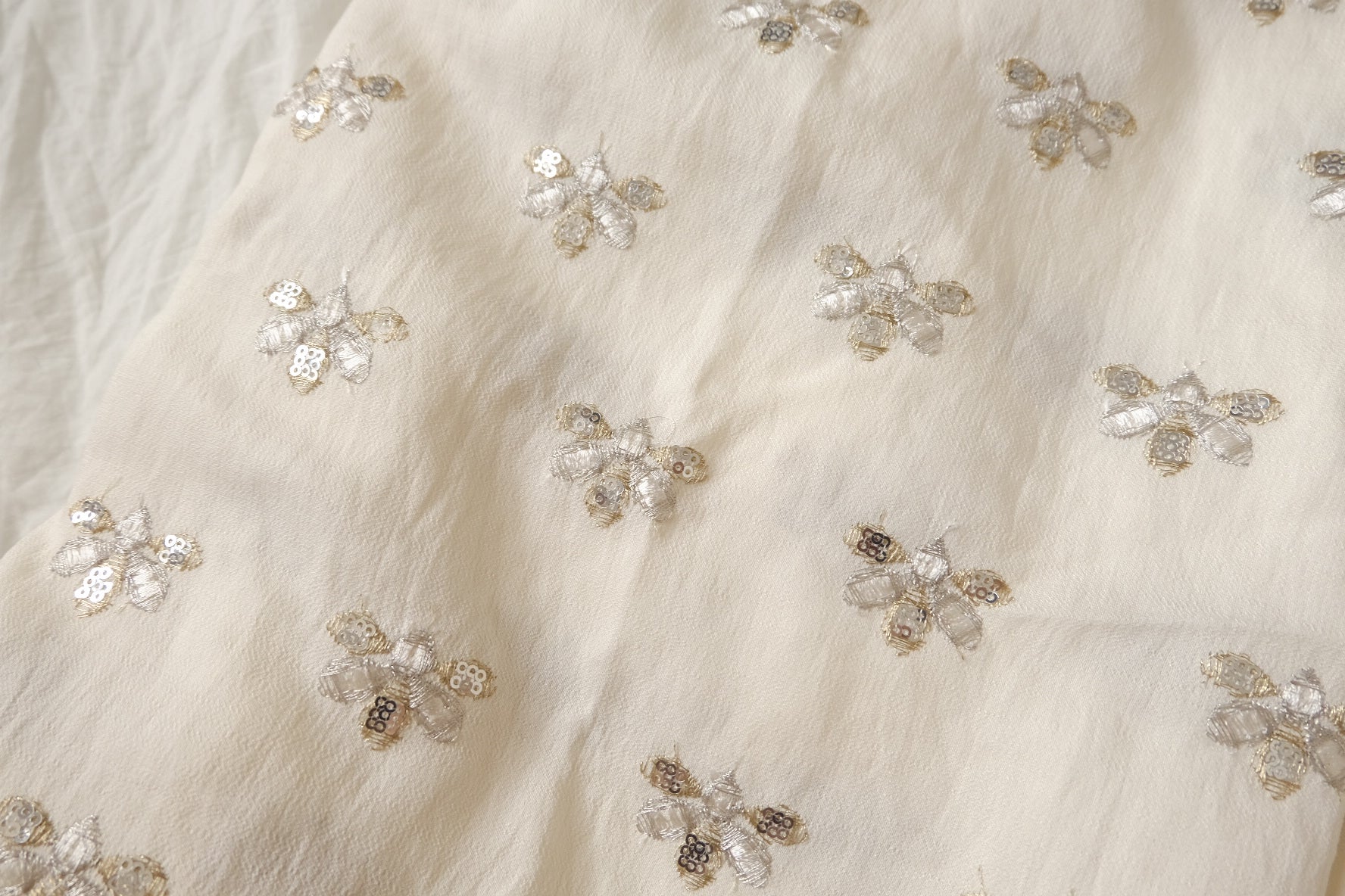 Bee Sequin Embroidered Tencel Linen Fabric – Soft Statement Dress Fabric (2.19 yards)