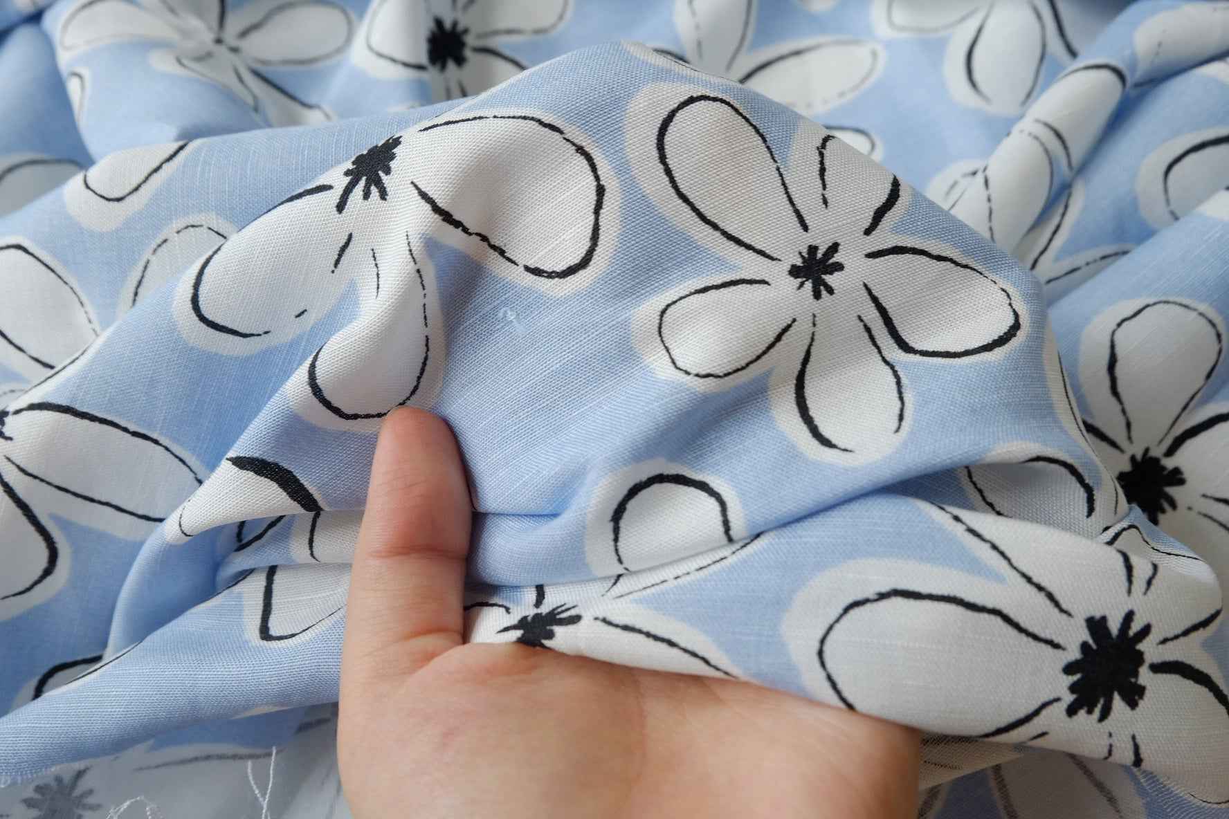 Sky Blue Floral Linen Cotton Fabric, 80 Linen 20 Cotton, 2.19 Yards