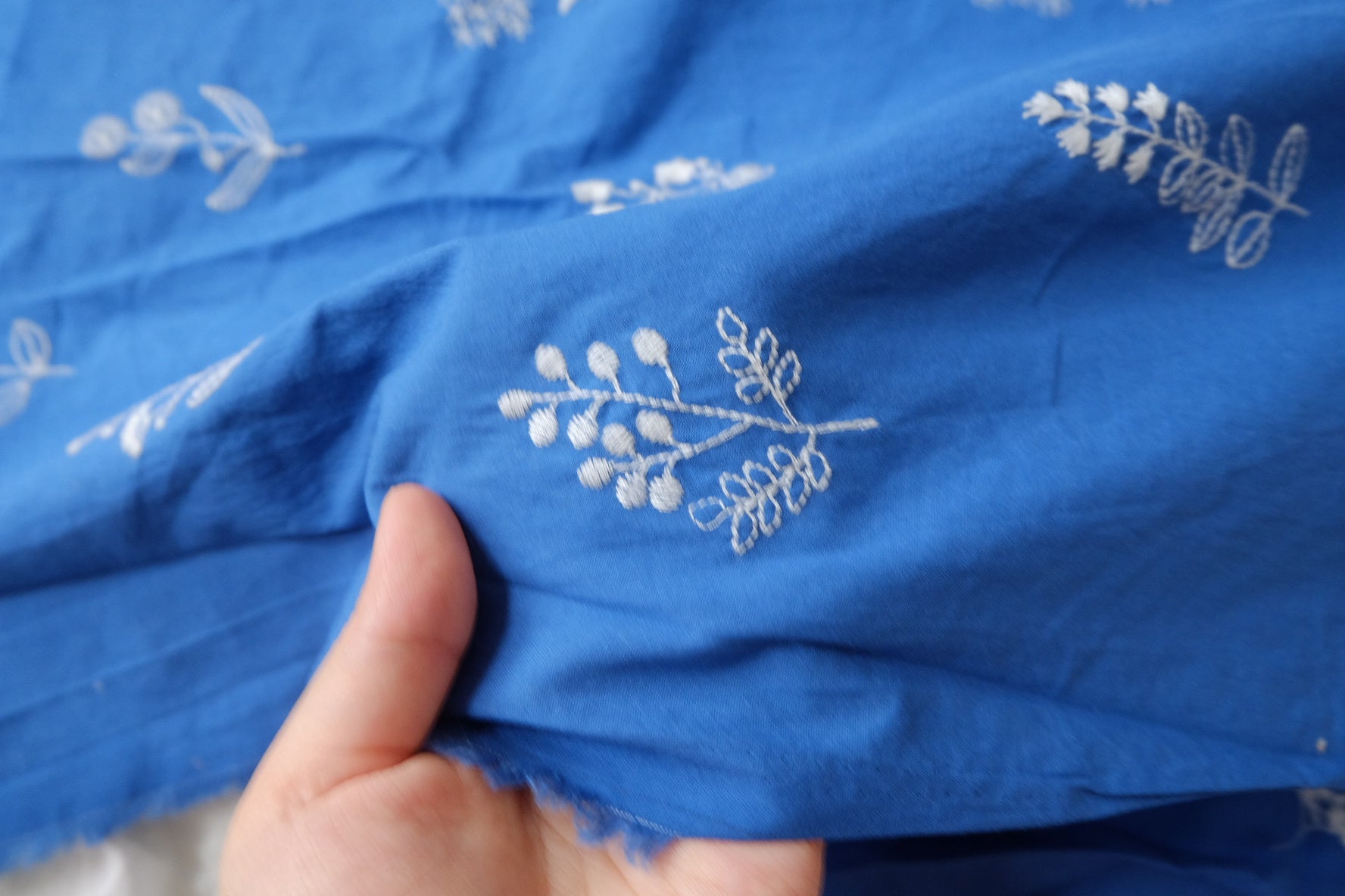 Blue Floral Embroidered Cotton Fabric — 1.64 yd