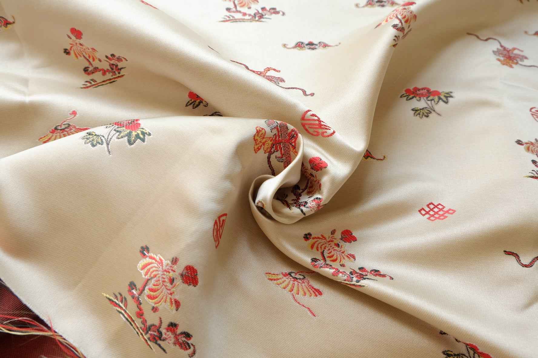 Chinese Motif Brocade Fabric, Ivory Jacquard Satin for Jackets and Vests, 2.19 Yards