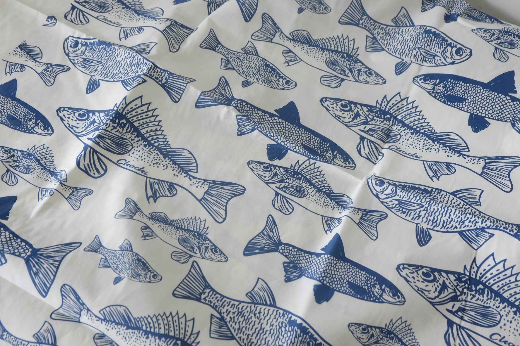 Blue Fish Print Cotton Poplin Fabric – 2.2 Yards