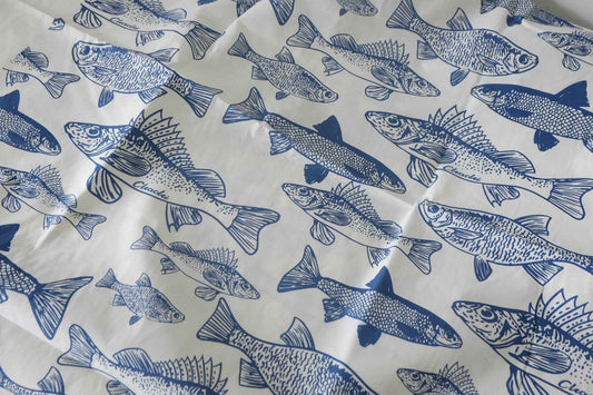 Blue Fish Print Cotton Poplin Fabric – 2.2 Yards