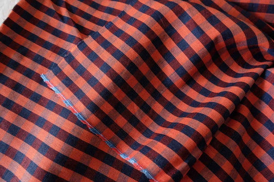 Rust Orange & Navy Plaid Linen Cotton Fabric – 2.2 yd
