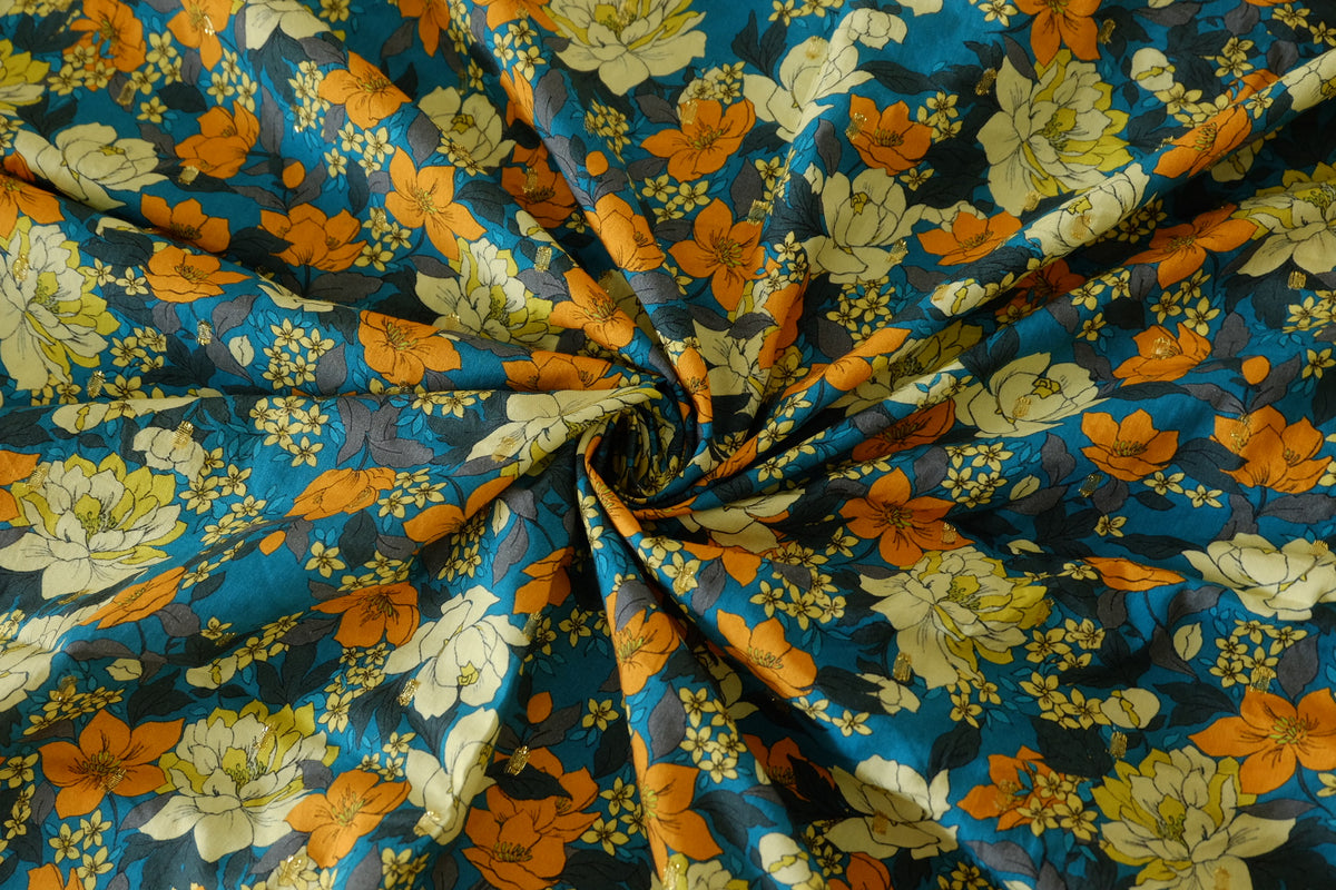 Teal & Orange Floral Gold-Dot Cotton Lawn – 1.6 yd