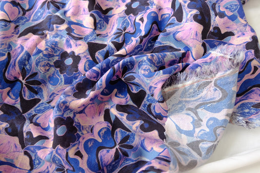 Washed Blue Violet Floral Cotton Linen Fabric - 3.28 yd