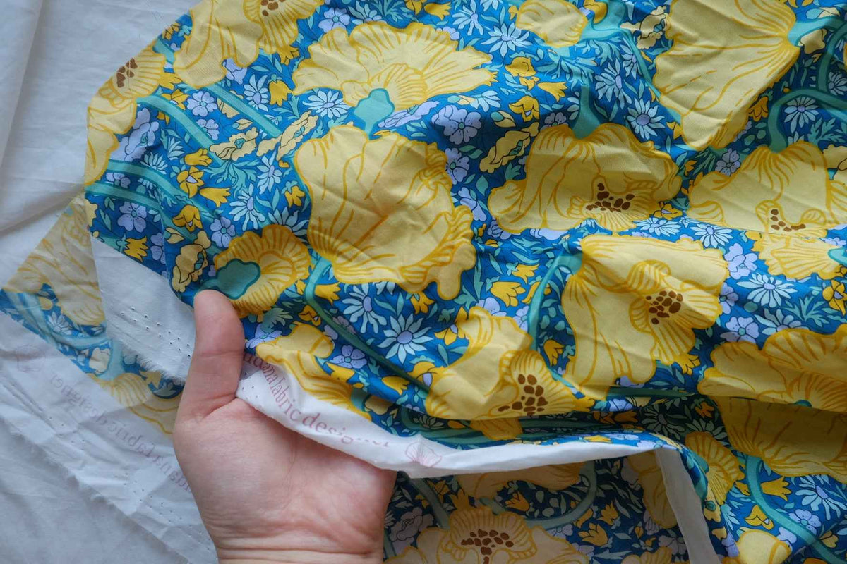 Yellow Poppies on Blue Cotton Lawn – 1.64 yd