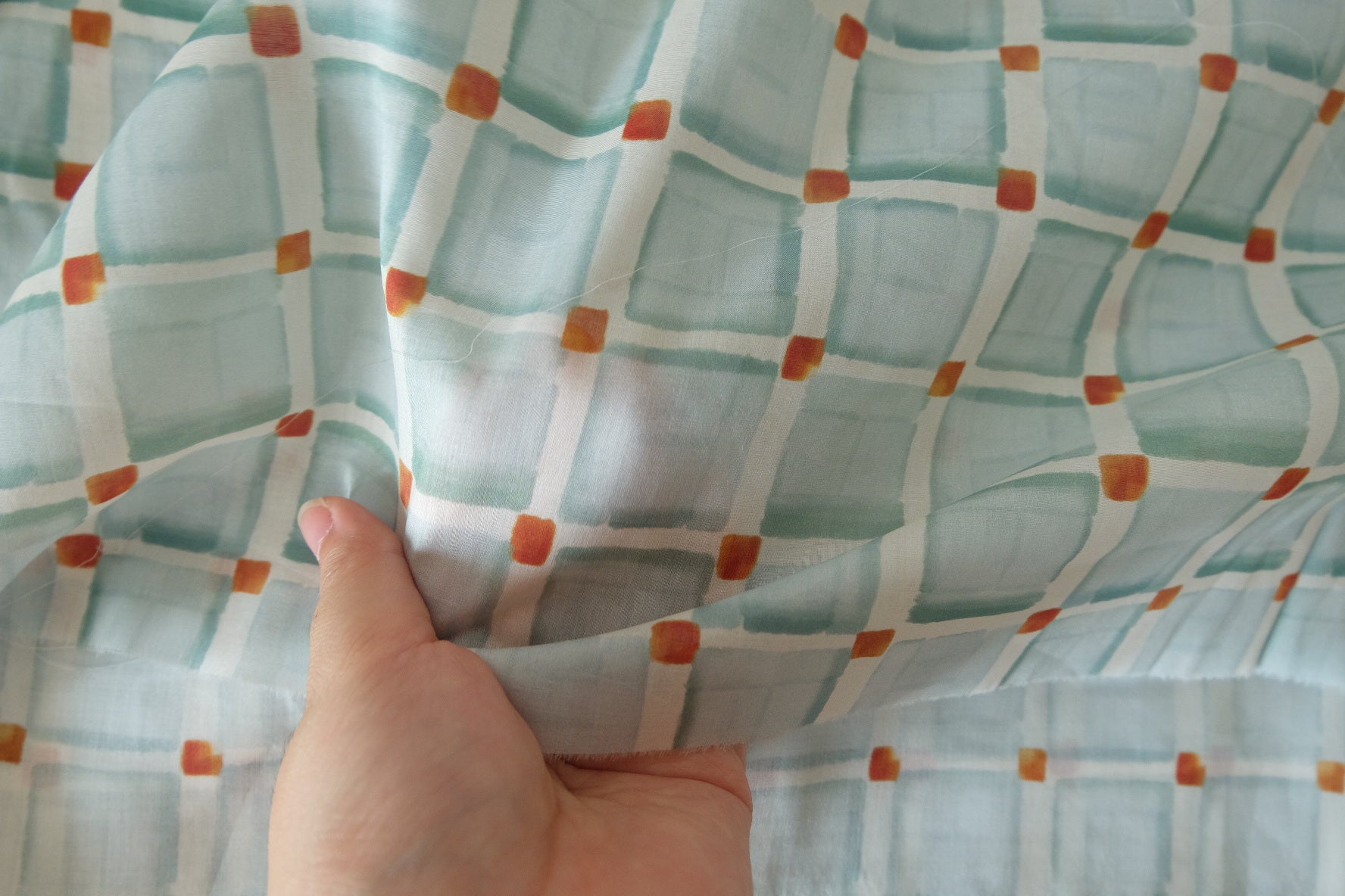 Airy Aqua Grid Cotton Voile Fabric – Ultra Lightweight & Slightly Sheer – 2.2 yd