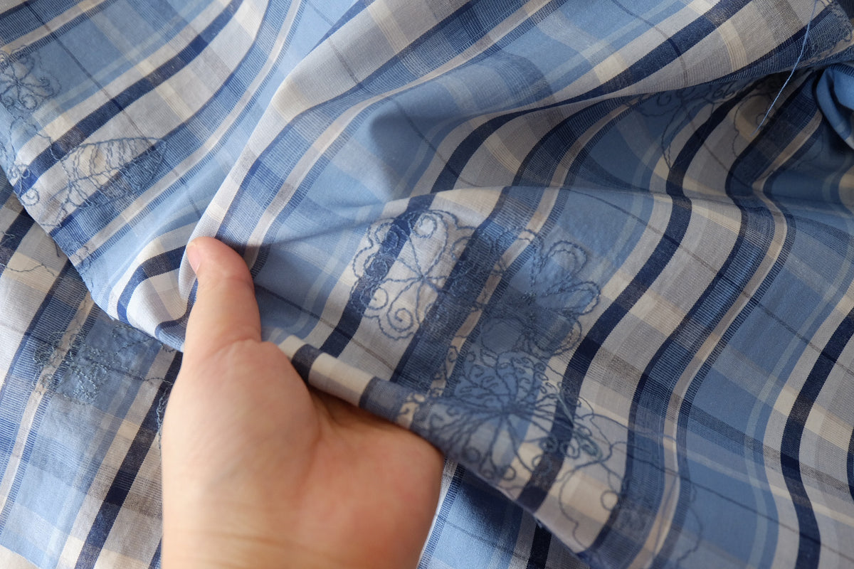 Blue Embroidered Plaid Yarn-Dyed Cotton – 1.6 yd