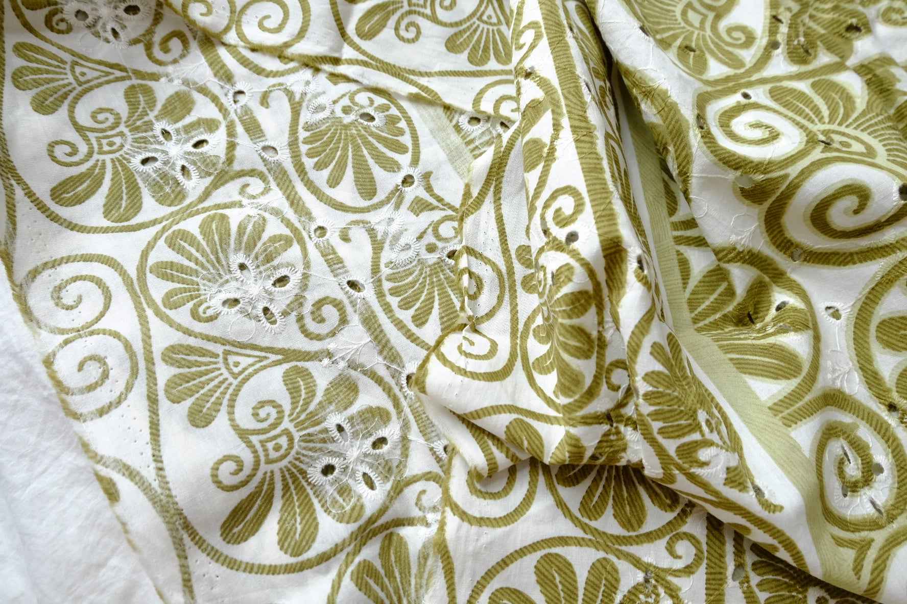 Olive Scrollwork Cotton Eyelet Embroidery Fabric - 1.53 Yards