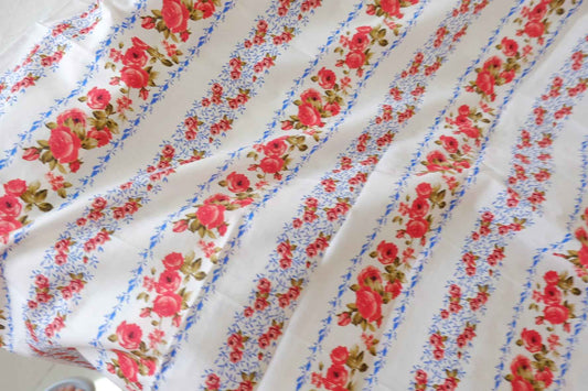 Vintage Rose Stripe Cotton Lawn Fabric – White Floral Garden Print (3.8 yd Cut)