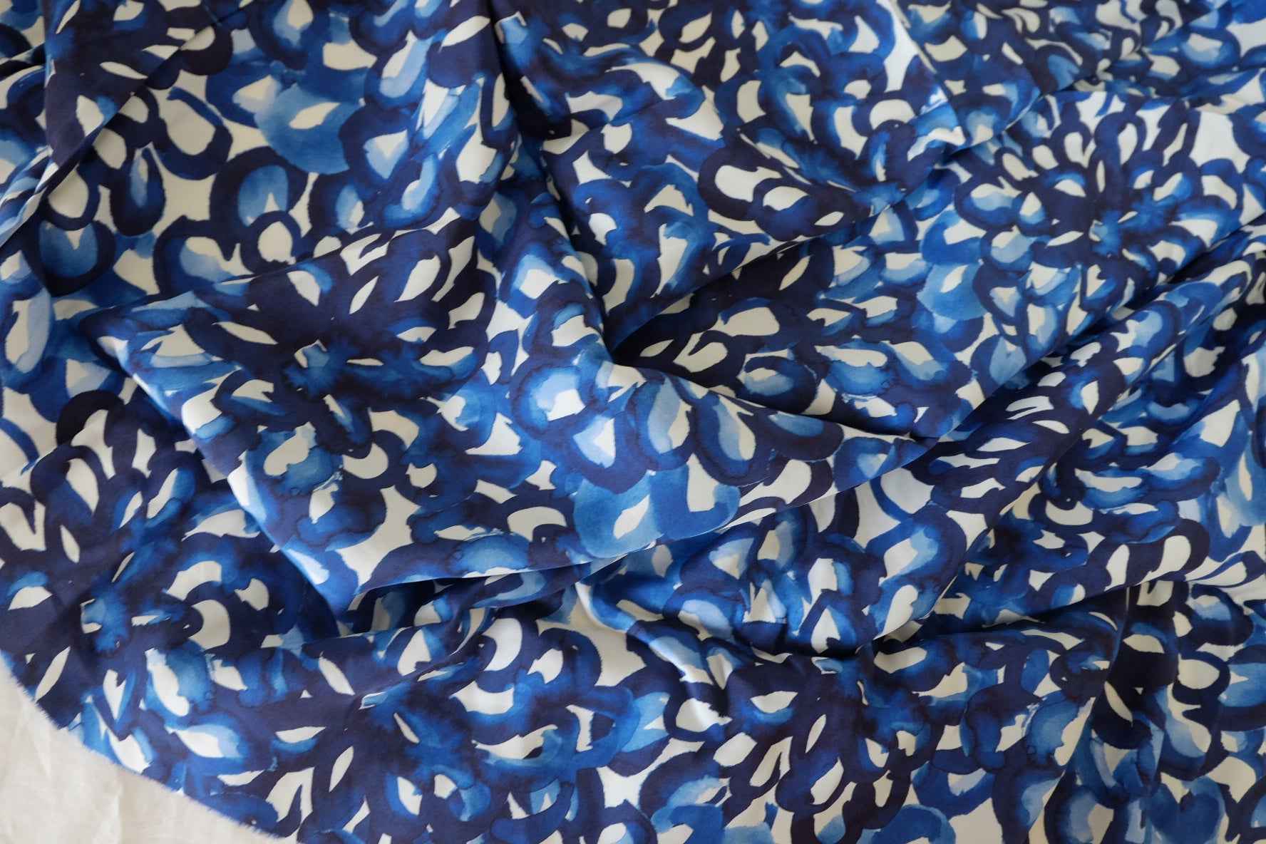 High-Drape Cupro Fabric – Abstract Blue Watercolor Floral Print-2.3 yd